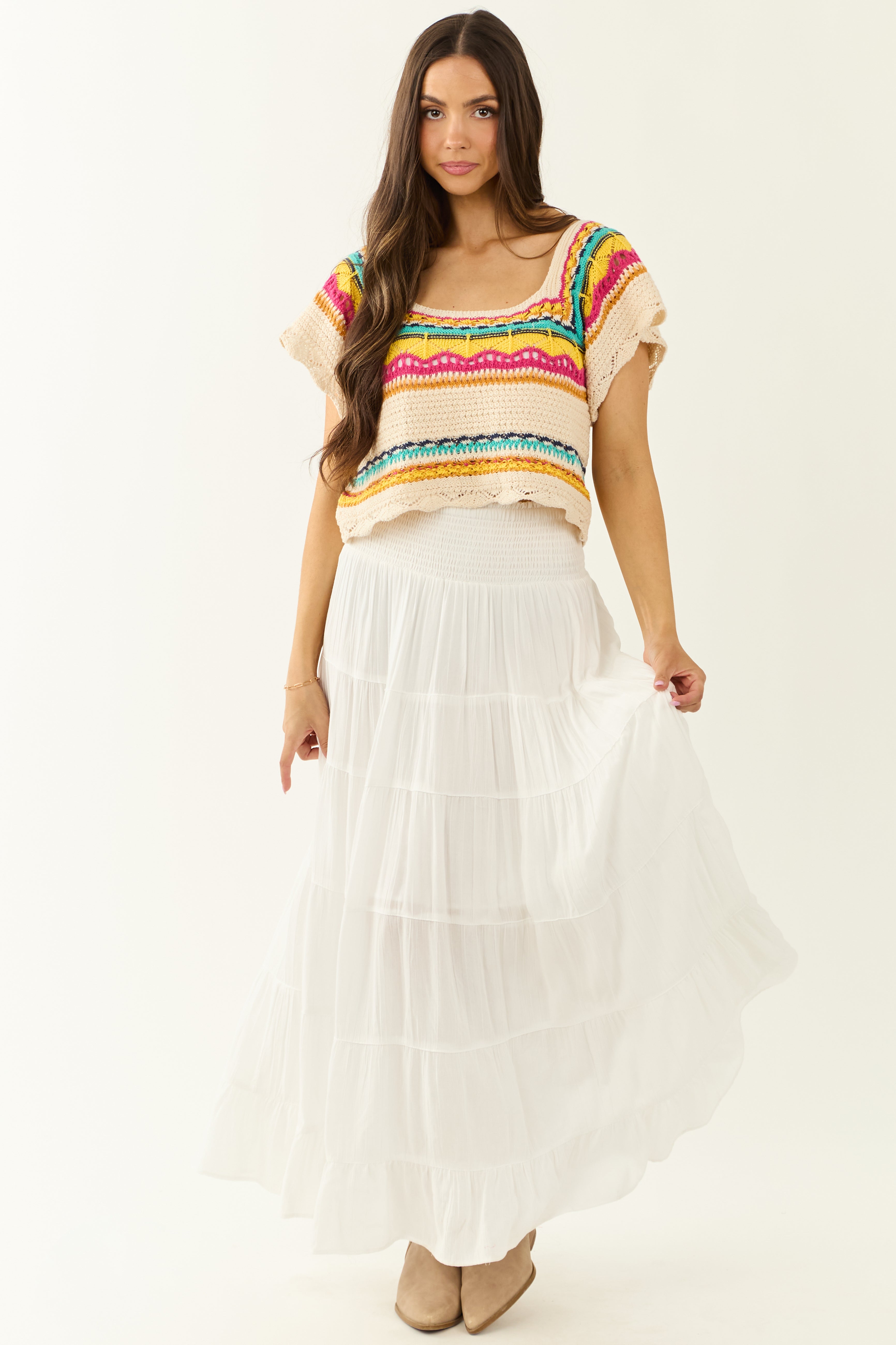 POL Cream Abstract Print Short Sleeve Knit Top