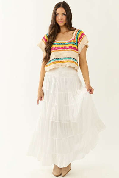 POL Cream Abstract Print Short Sleeve Knit Top