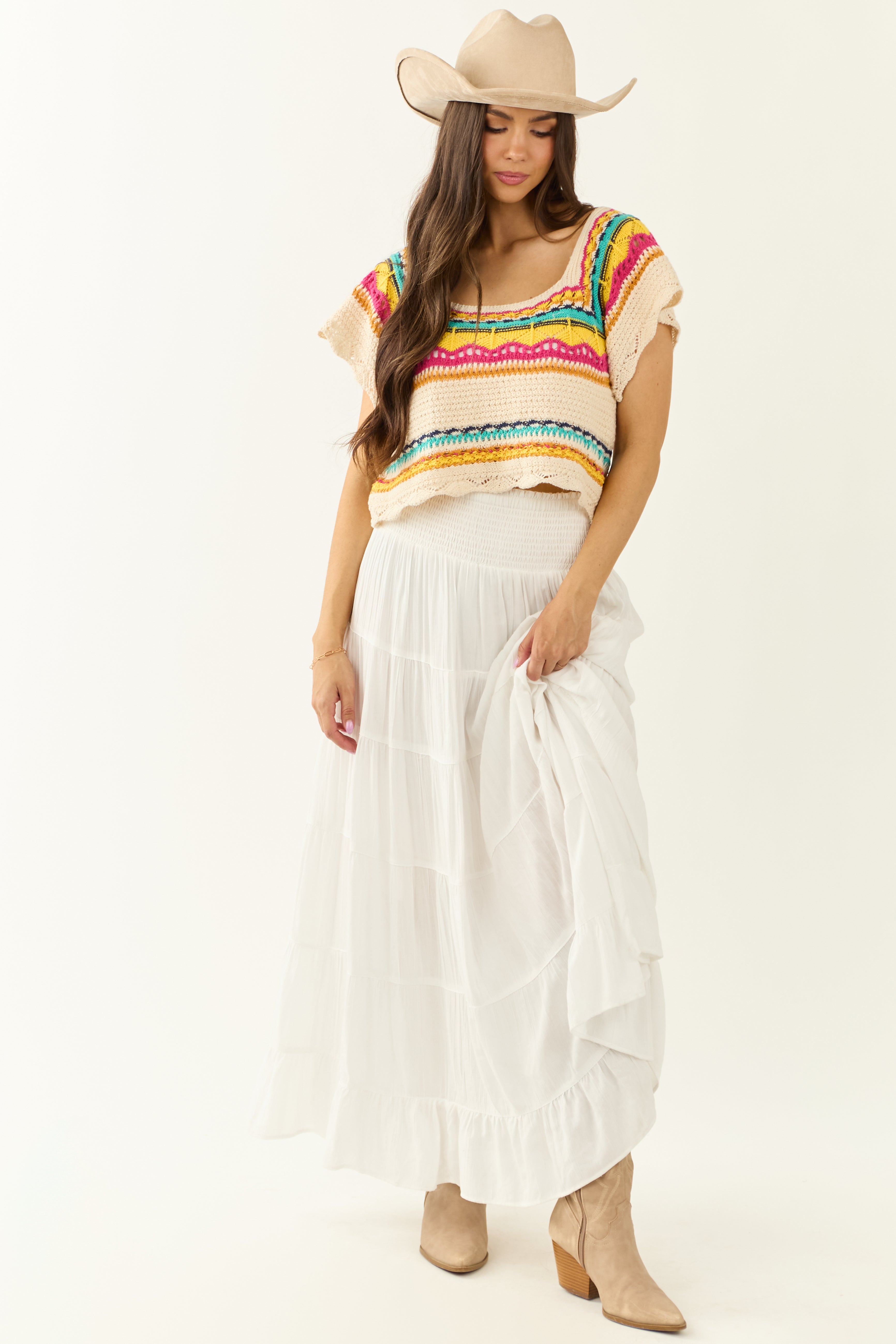 POL Cream Abstract Print Short Sleeve Knit Top