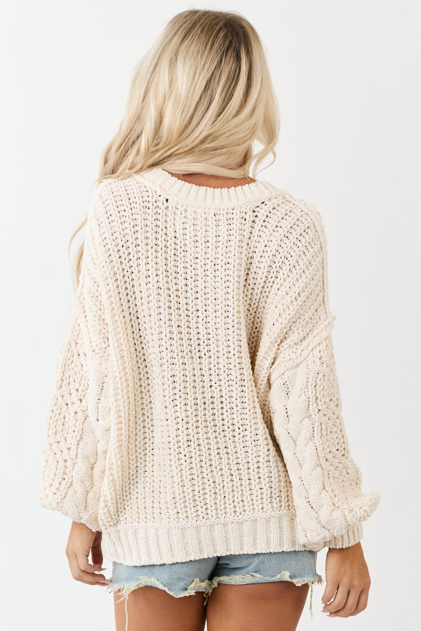 POL Cream Bubble Sleeve Cable Knit Sweater