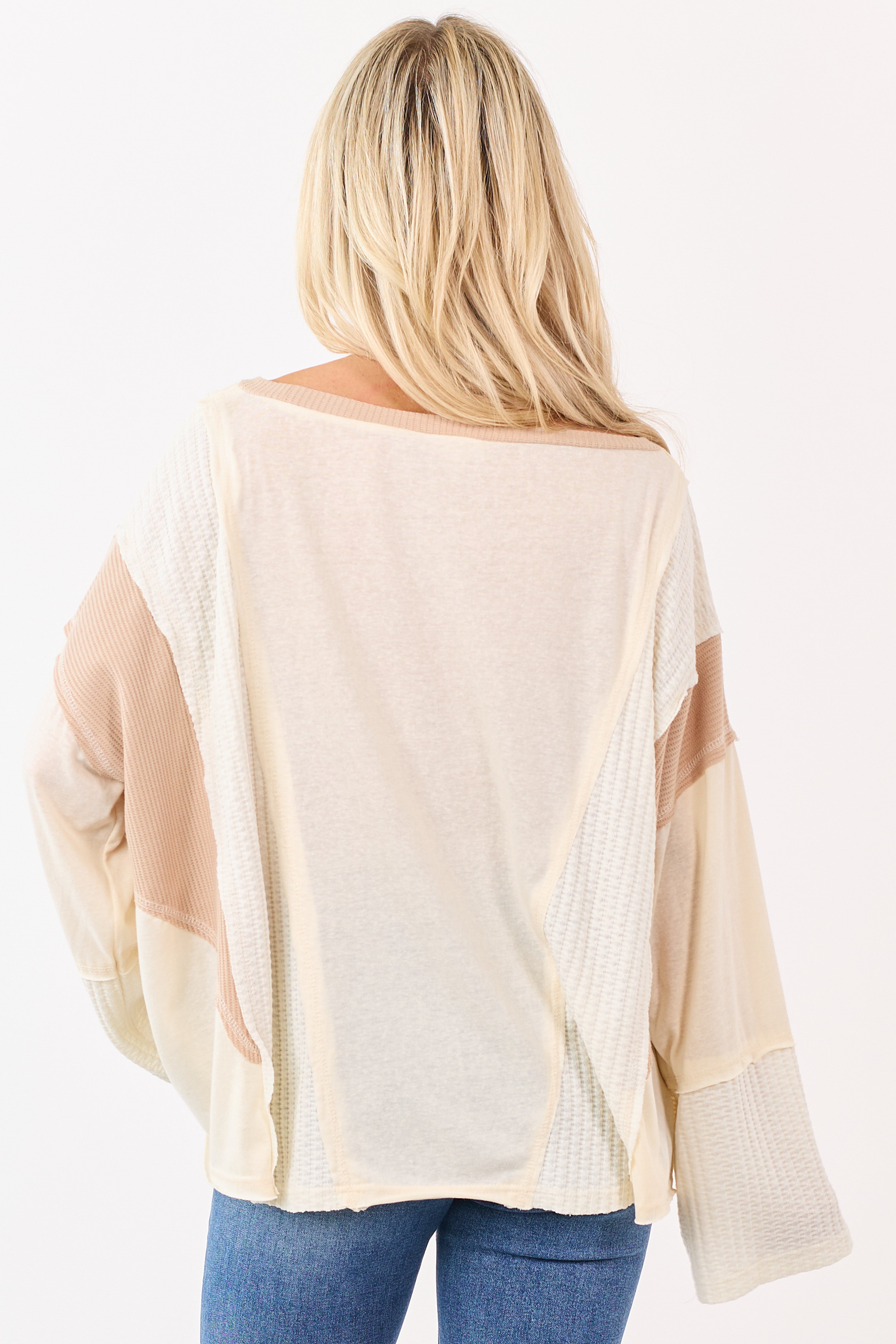 POL Cream Contrast Patchwork Long Sleeve Top