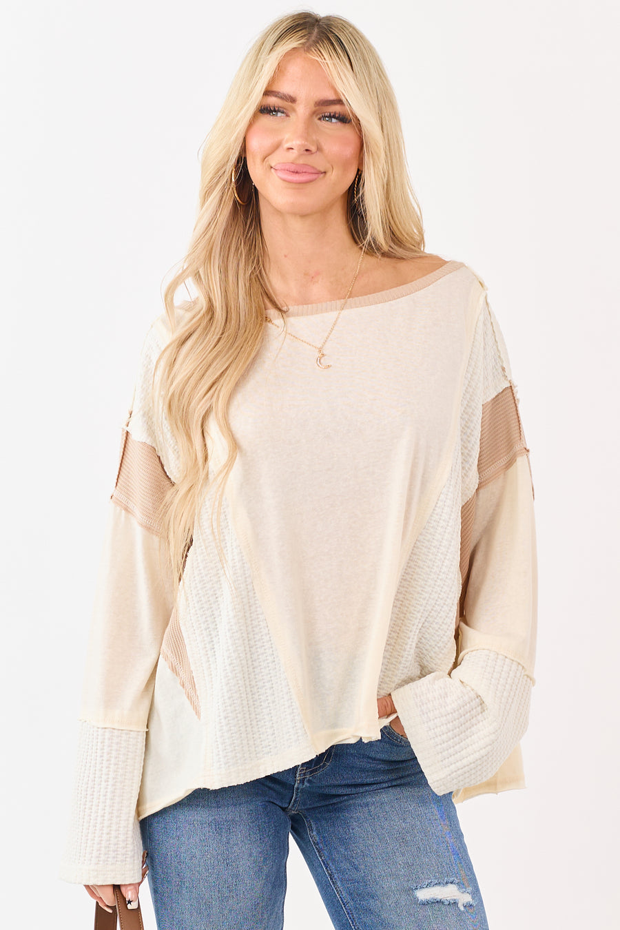 POL Cream Contrast Patchwork Long Sleeve Top