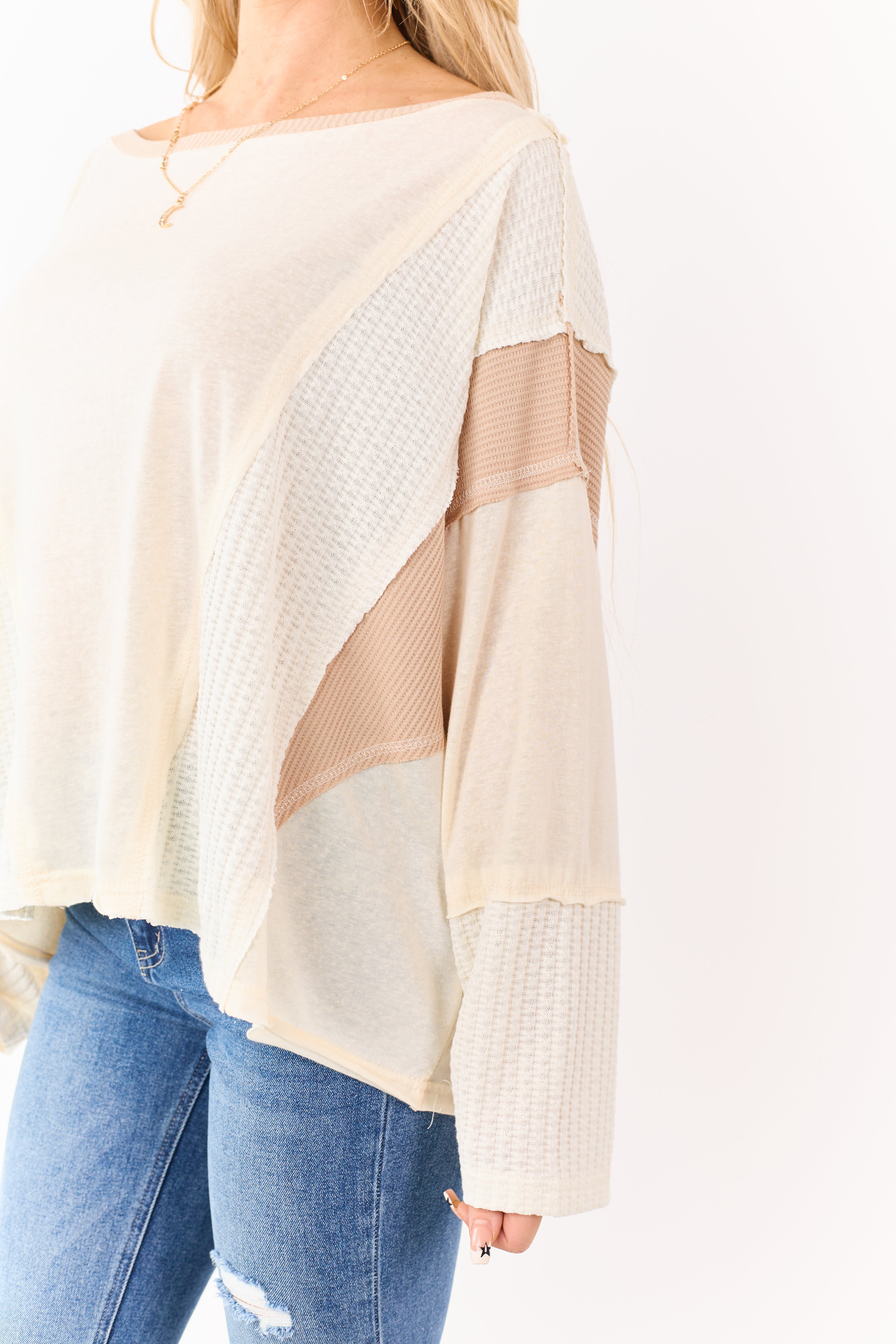 POL Cream Contrast Patchwork Long Sleeve Top