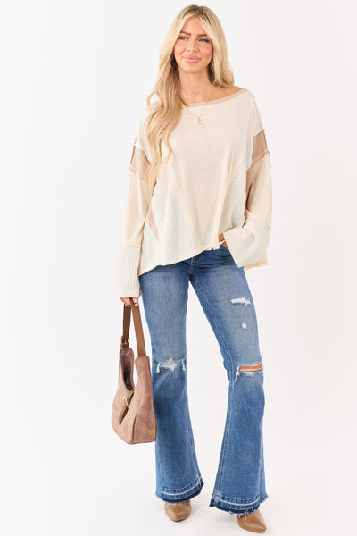 POL Cream Contrast Patchwork Long Sleeve Top