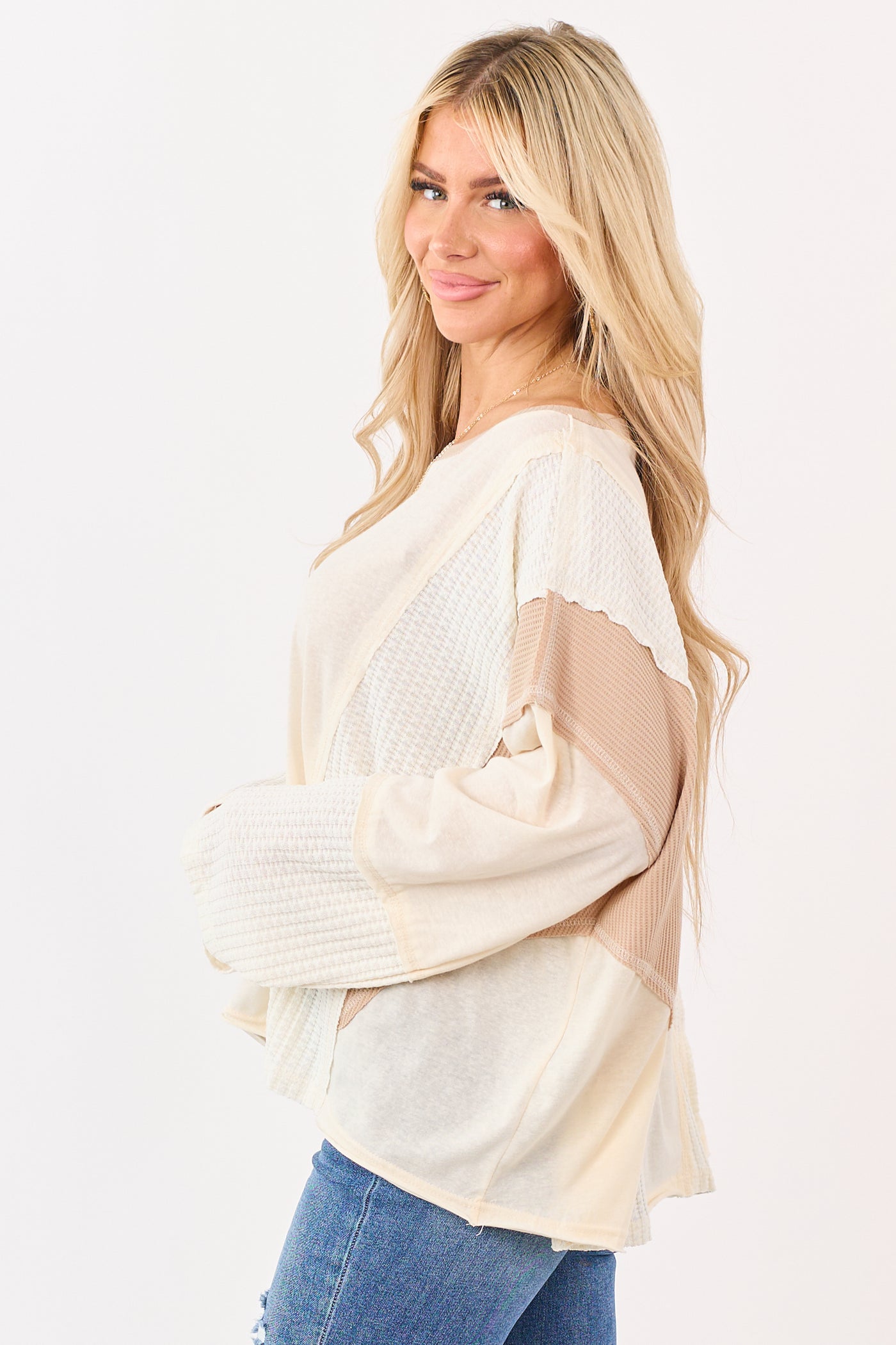 POL Cream Contrast Patchwork Long Sleeve Top