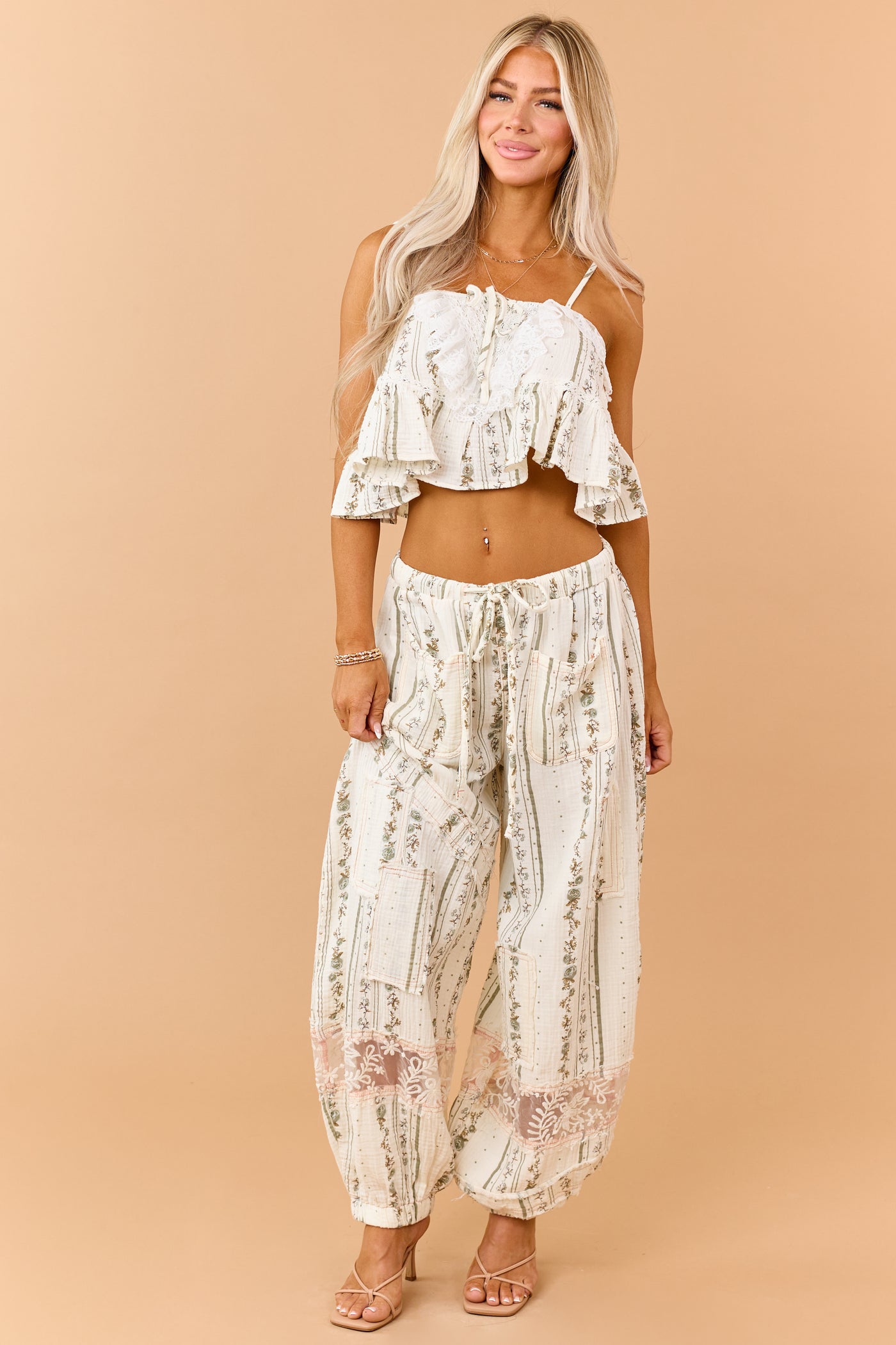 POL Cream Cotton Floral Print Cropped Tank Top