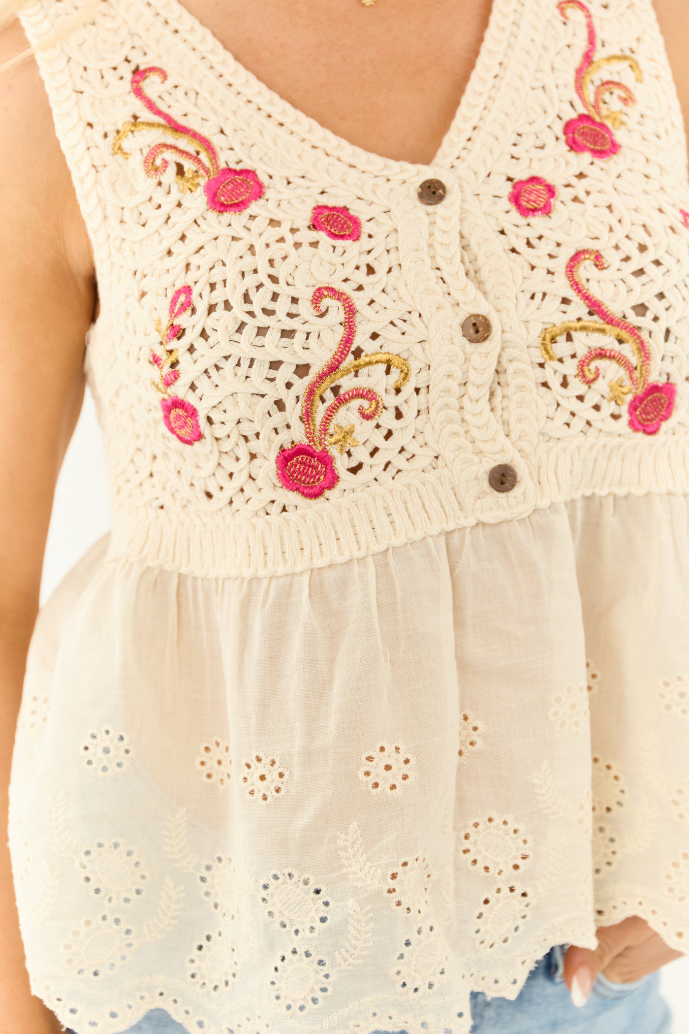 POL Cream Crochet Eyelet Lace V Neck Tank Top