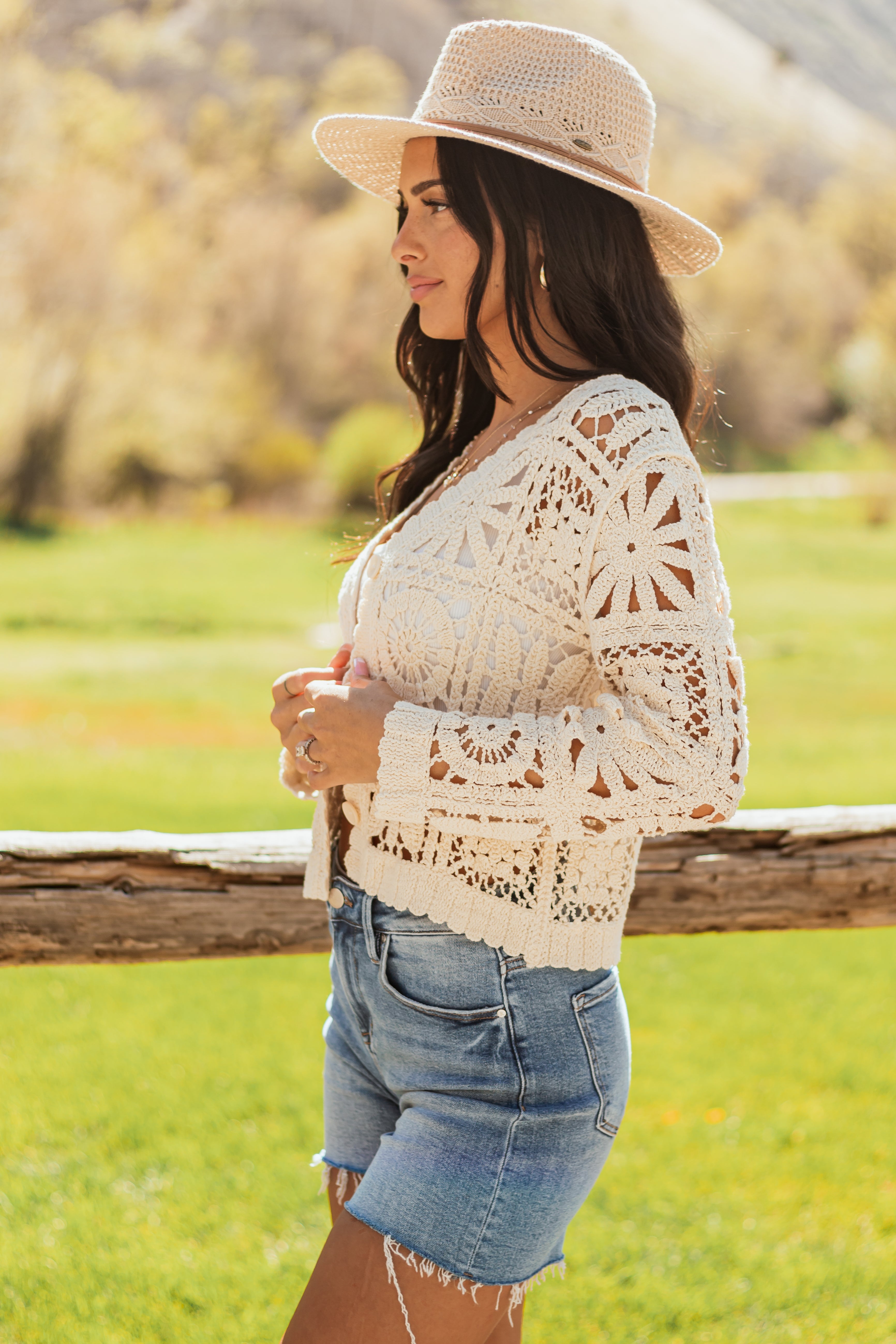POL Cream Crochet Long Sleeve Knit Cardigan