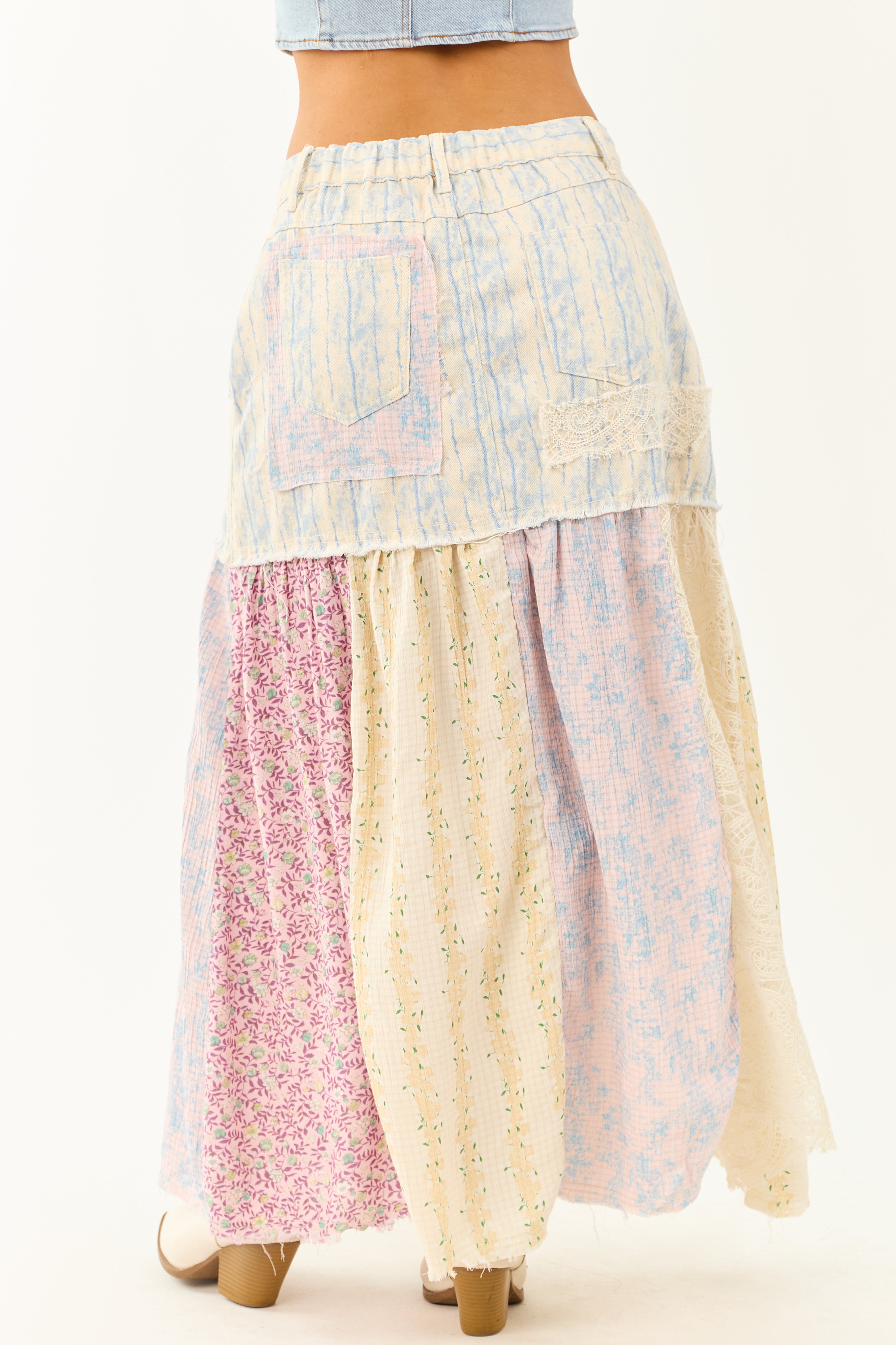 POL Cream Denim Patchwork Hem Maxi Skirt