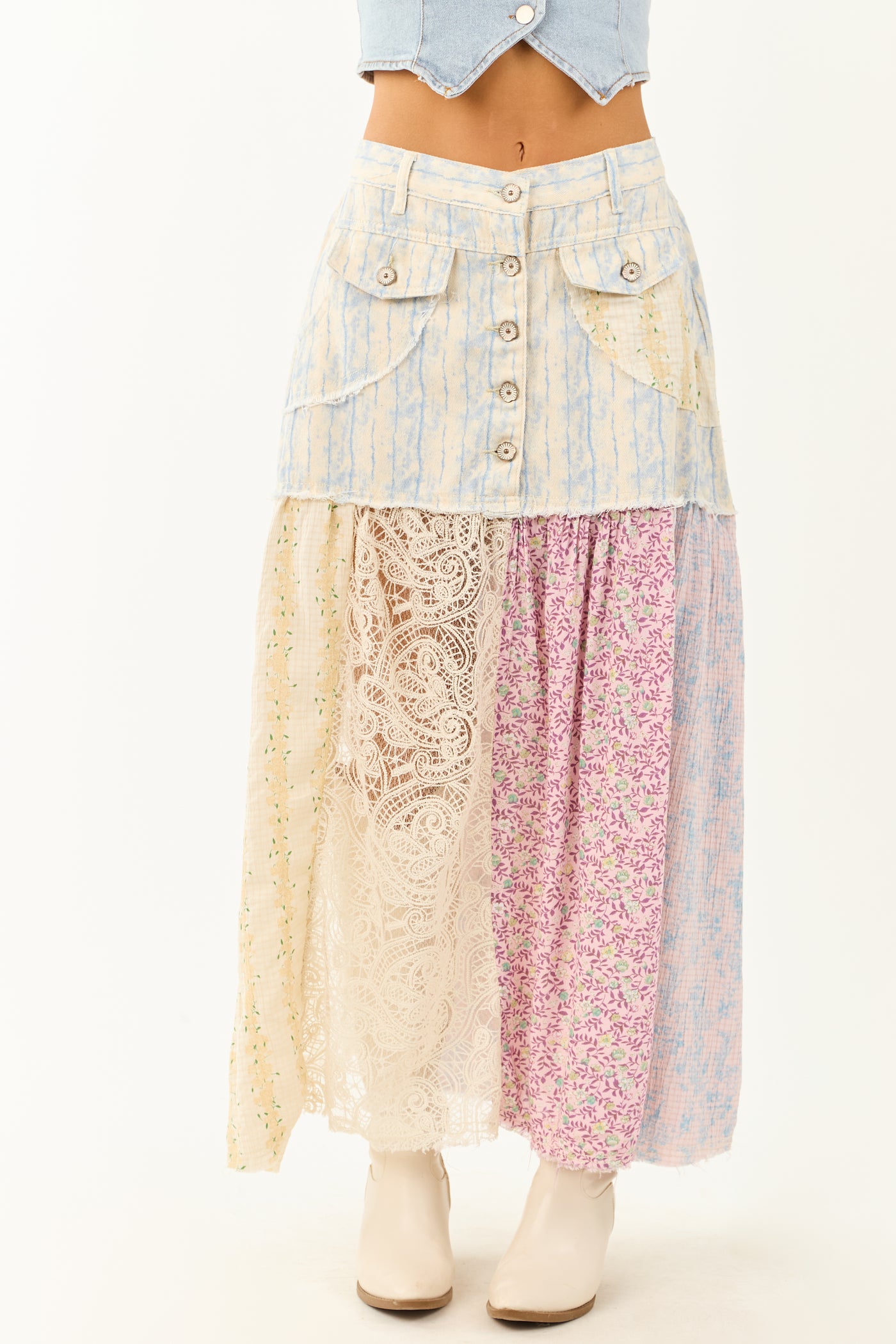 POL Cream Denim Patchwork Hem Maxi Skirt