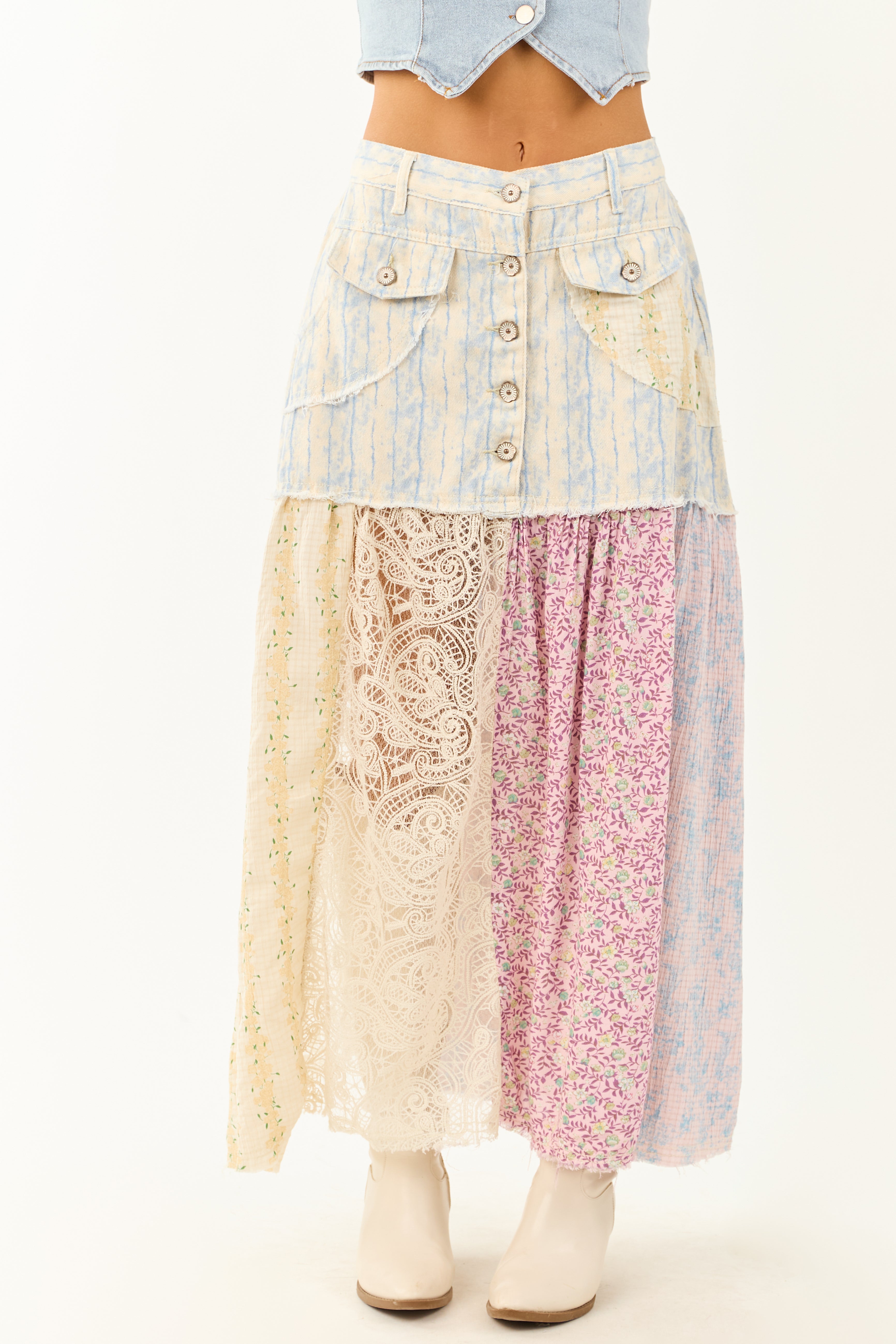 POL Cream Denim Patchwork Hem Maxi Skirt
