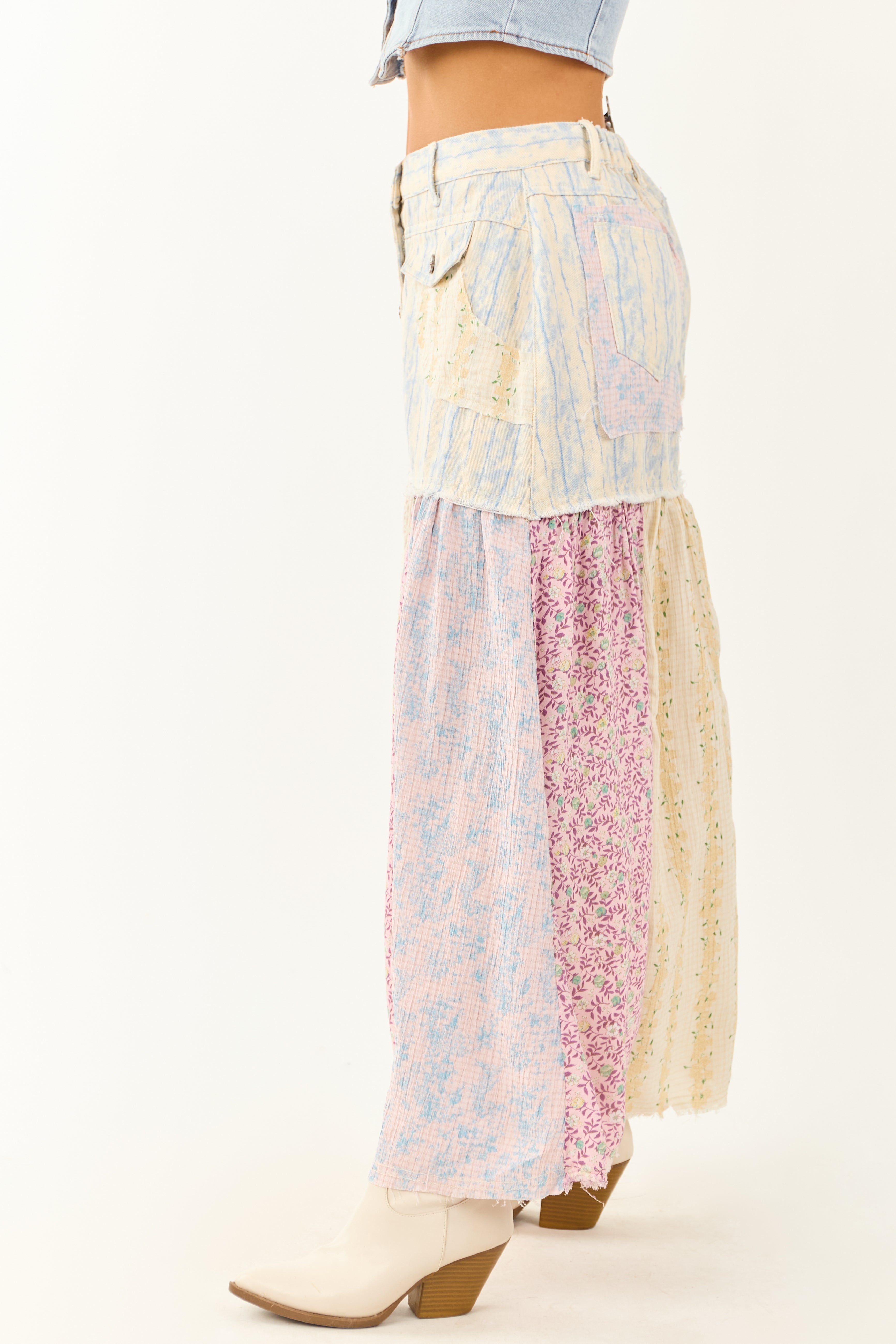 POL Cream Denim Patchwork Hem Maxi Skirt