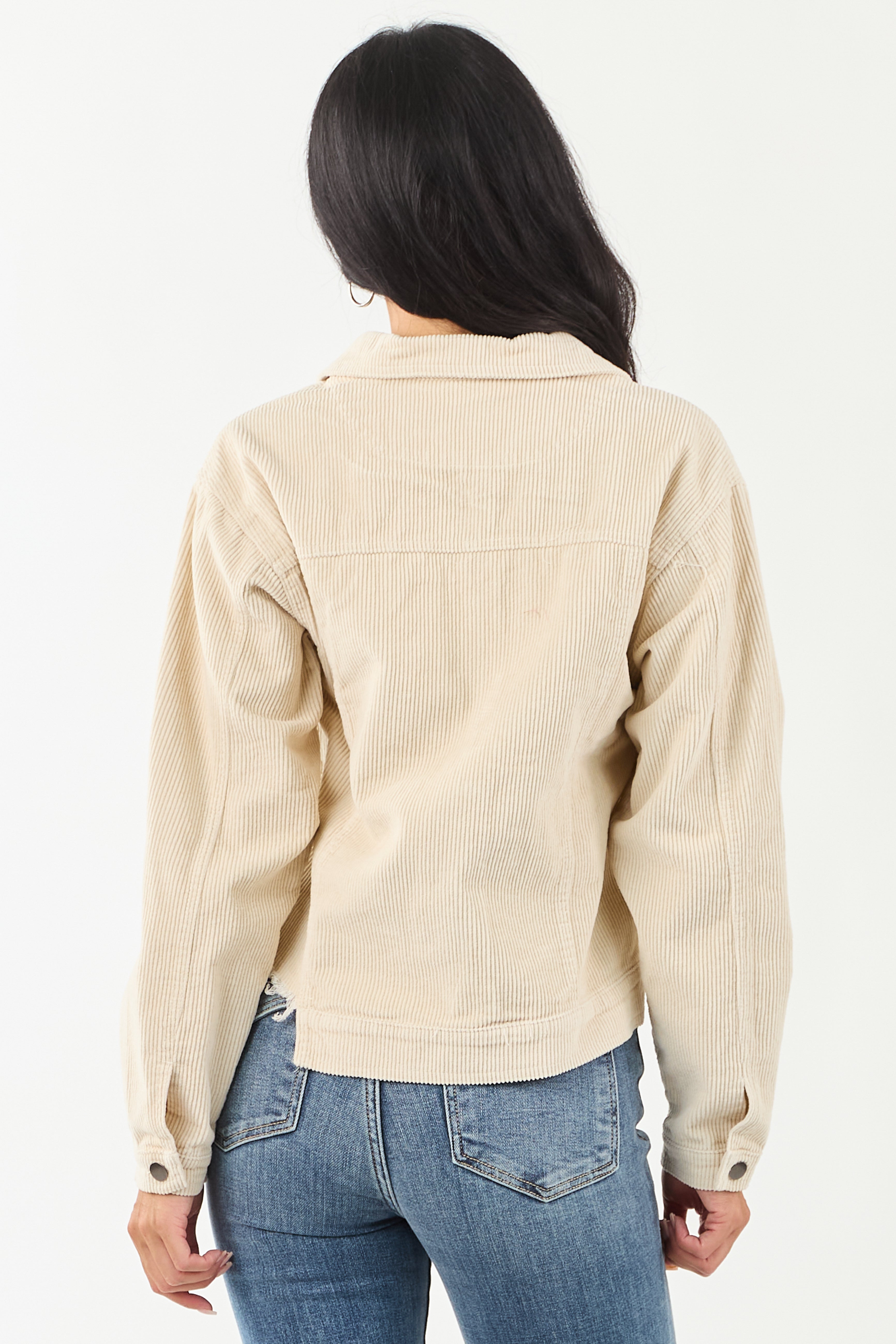 POL Cream Distressed Button Up Corduroy Jacket