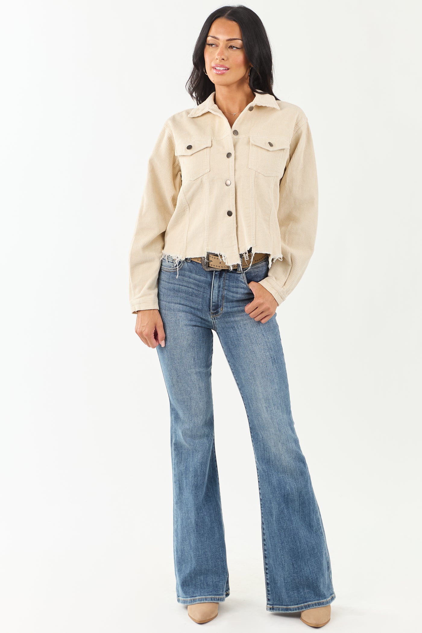 POL Cream Distressed Button Up Corduroy Jacket