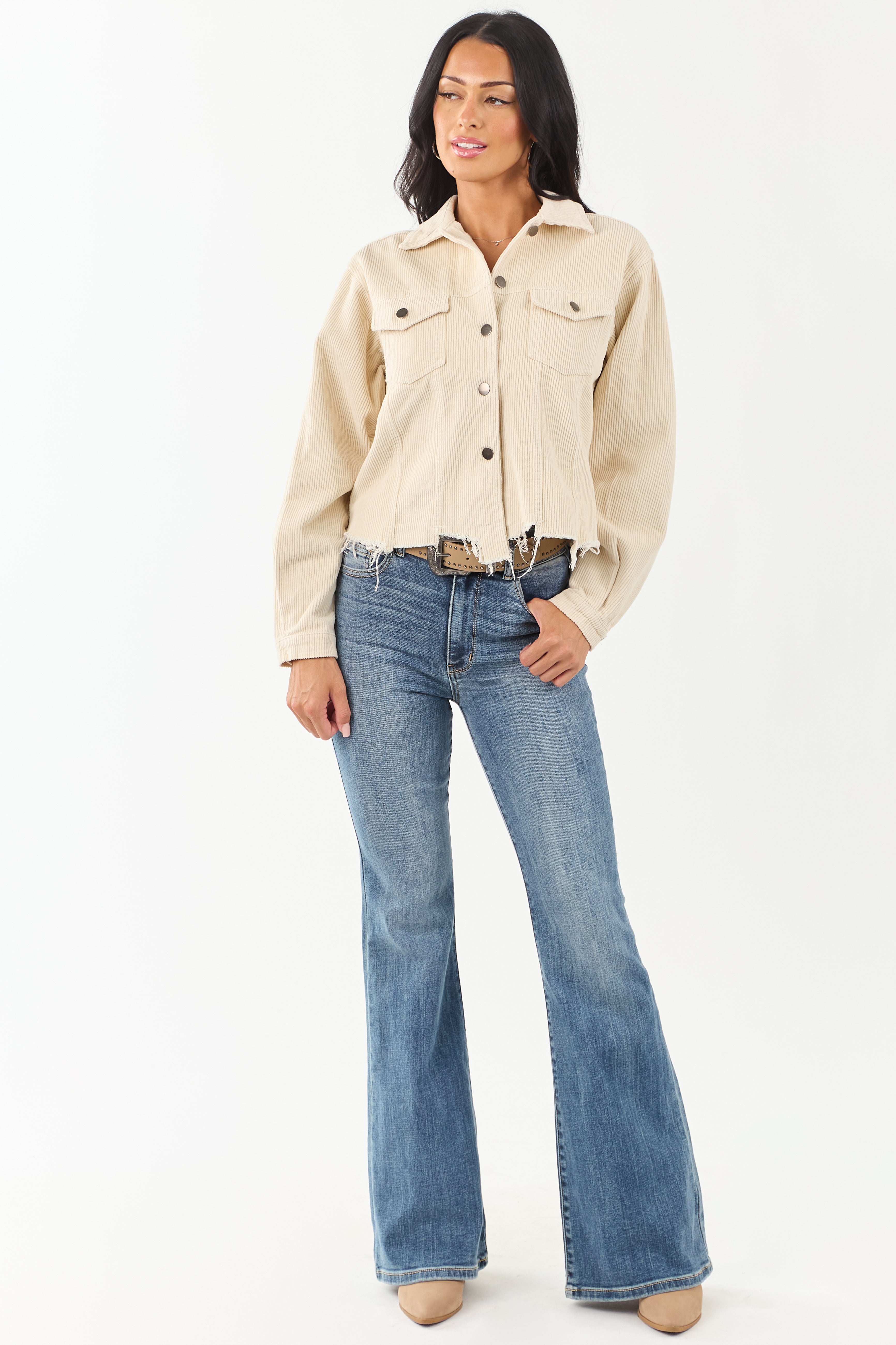 POL Cream Distressed Button Up Corduroy Jacket