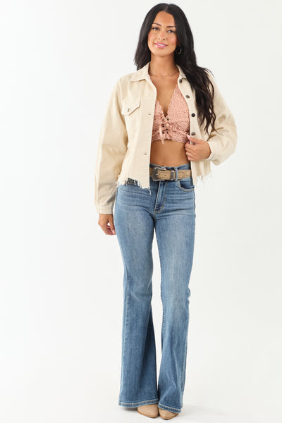 POL Cream Distressed Button Up Corduroy Jacket