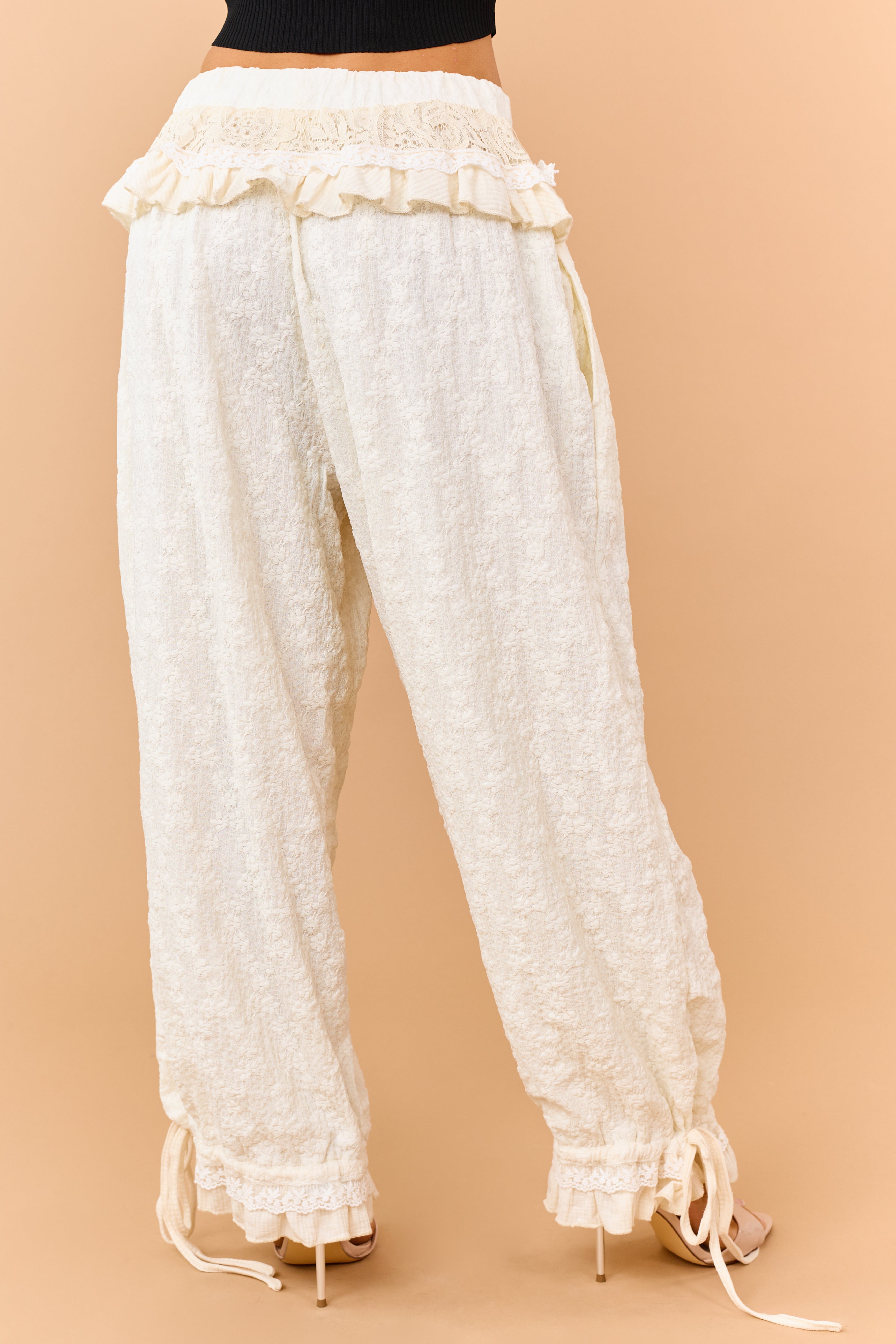 POL Cream Floral Lace Ruffle Trim Wide Leg Pants