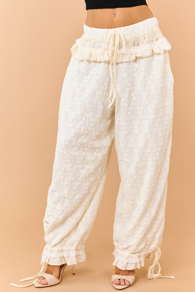 POL Cream Floral Lace Ruffle Trim Wide Leg Pants