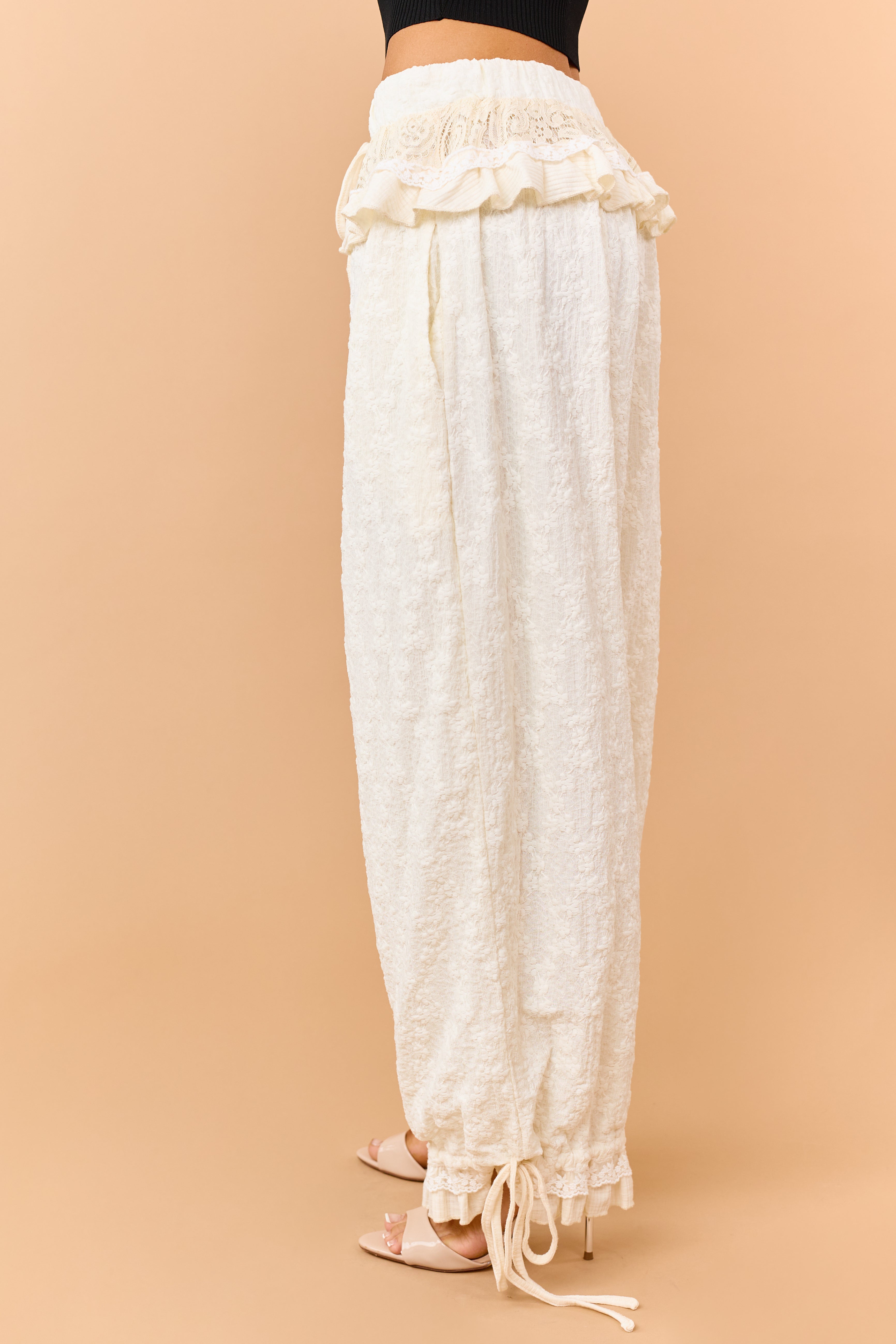 POL Cream Floral Lace Ruffle Trim Wide Leg Pants