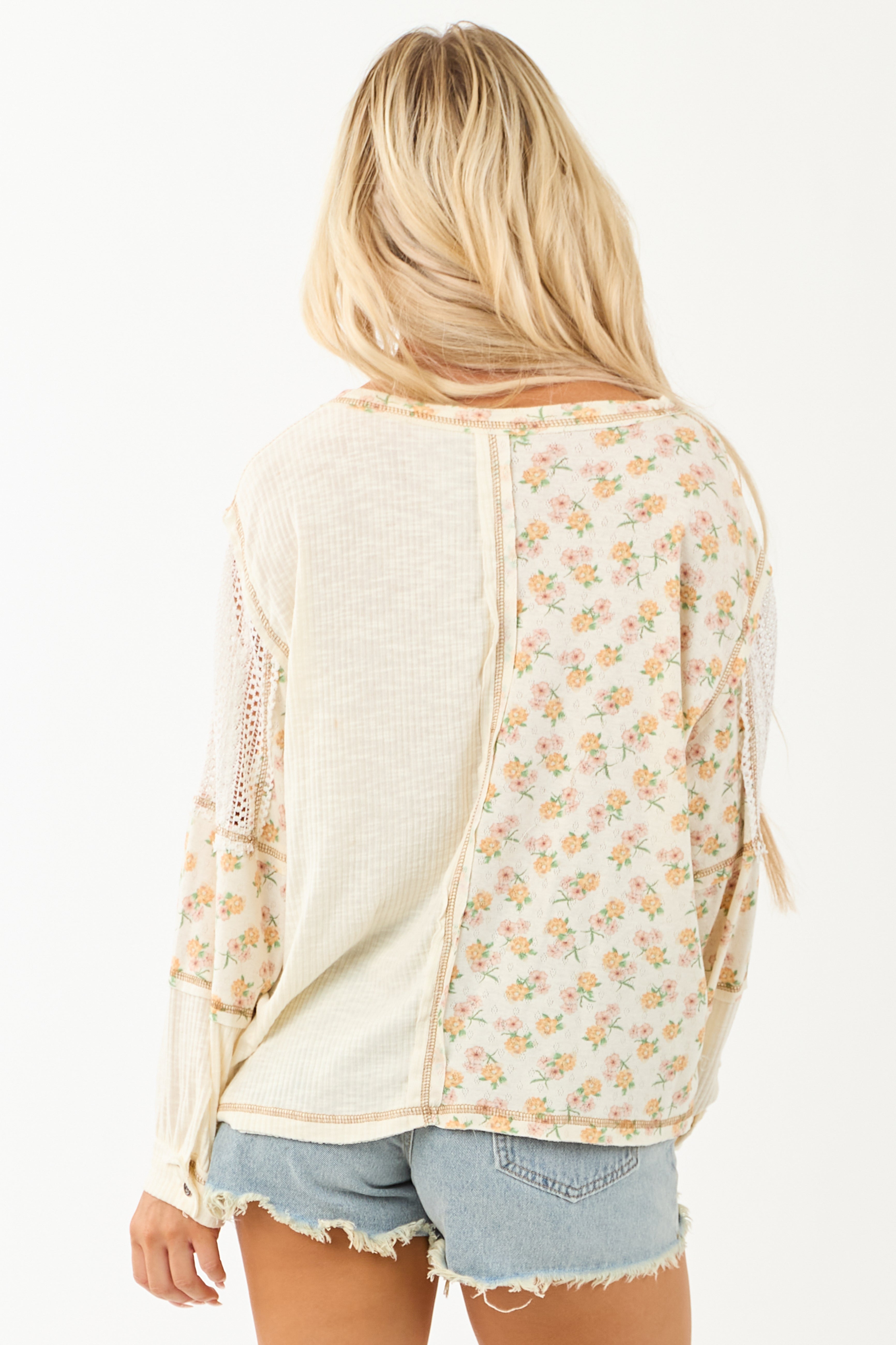 POL Cream Floral Print Colorblock Long Sleeve Top