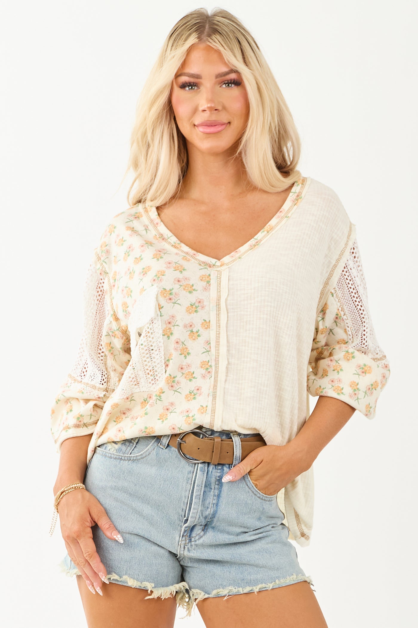 POL Cream Floral Print Colorblock Long Sleeve Top