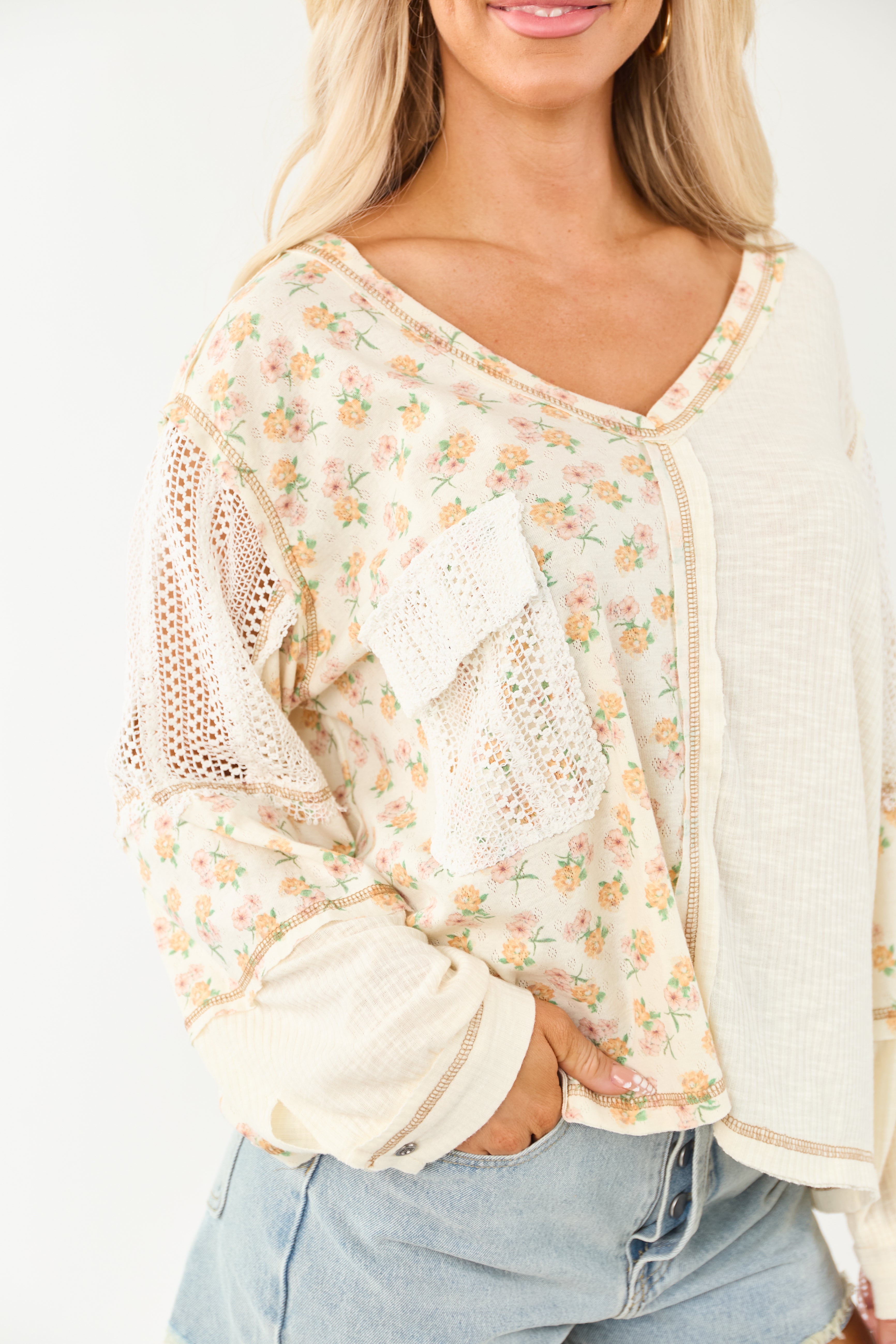 POL Cream Floral Print Colorblock Long Sleeve Top