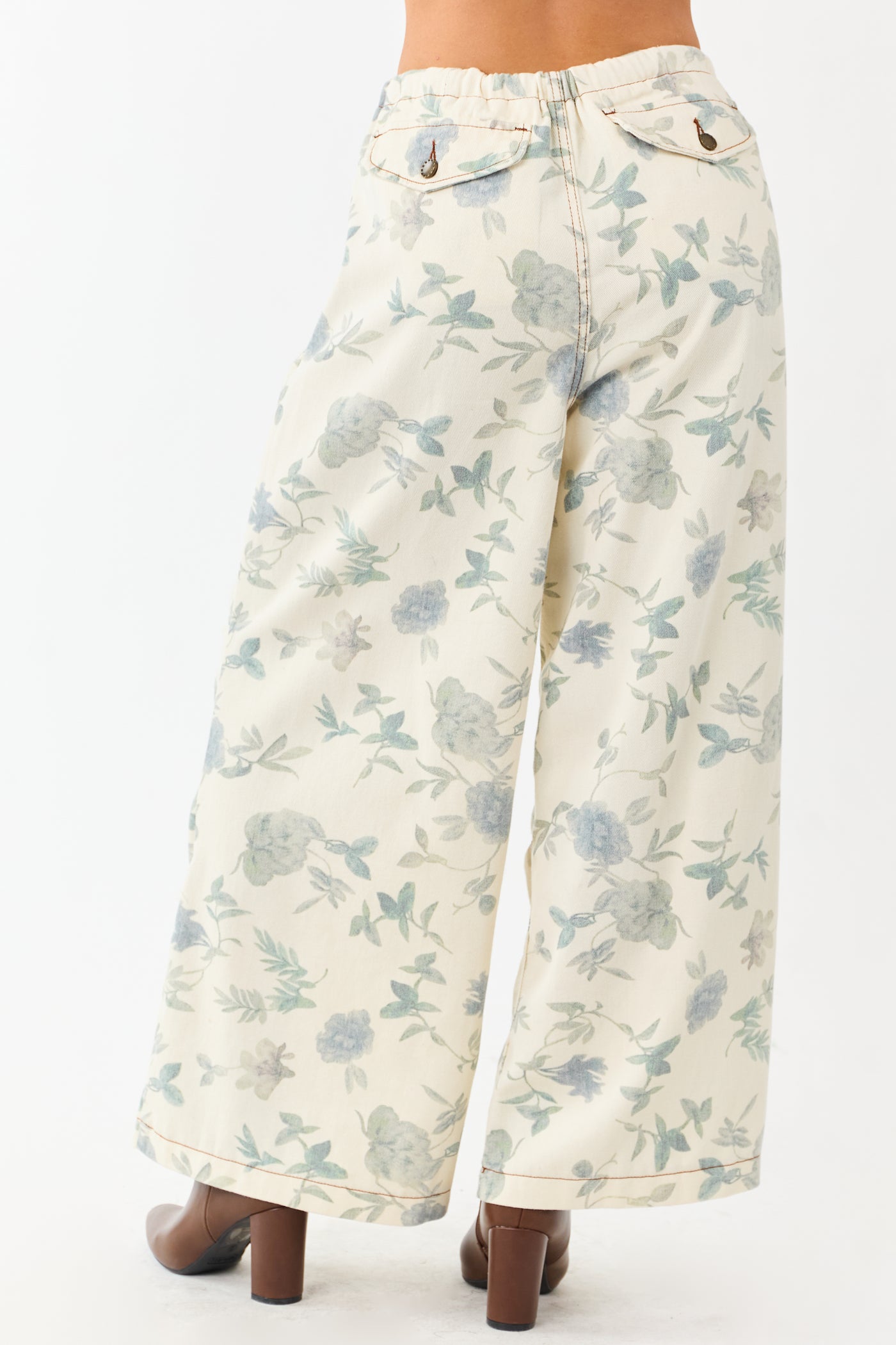 POL Cream Floral Print Wide Drawstring Denim Pants