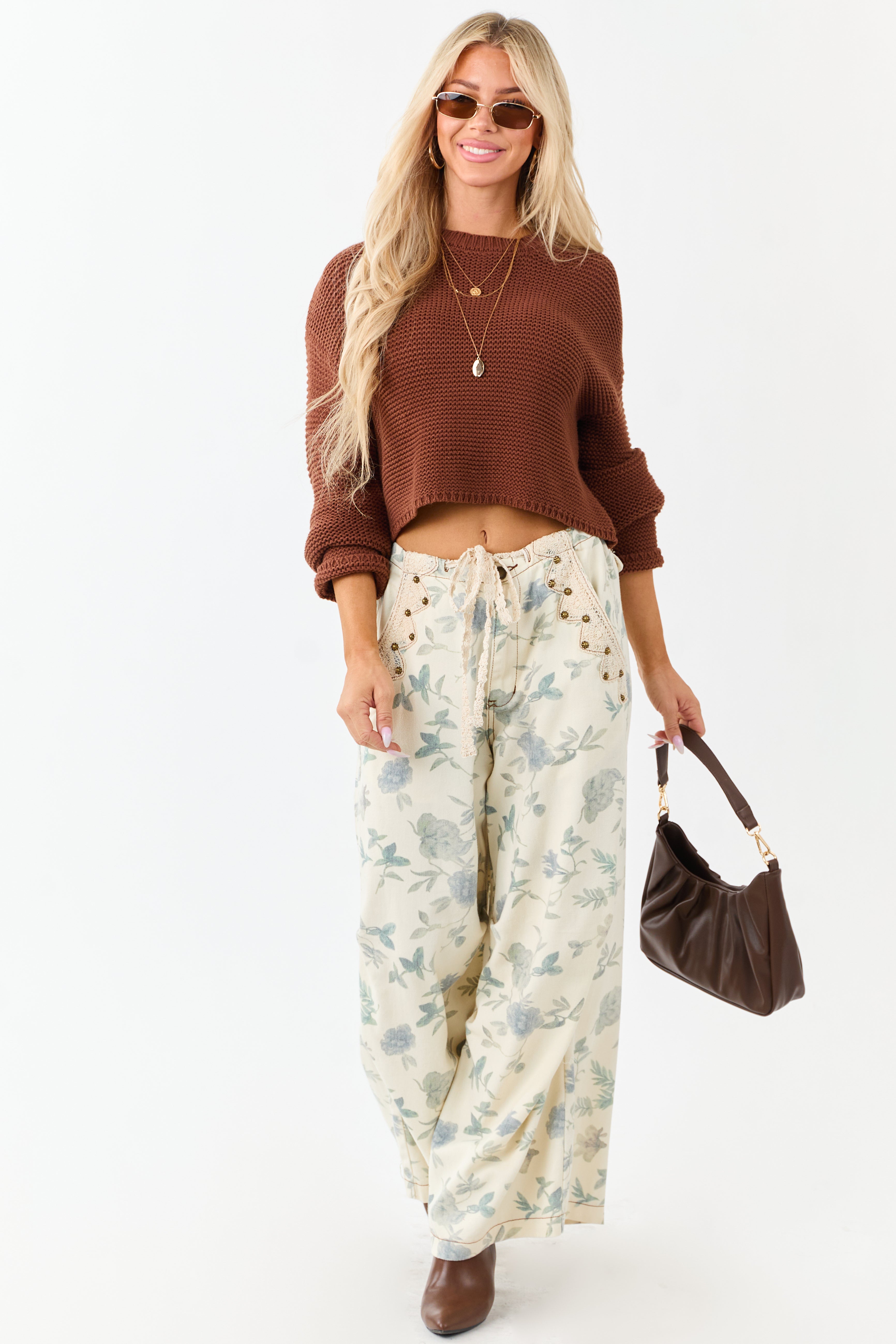 POL Cream Floral Print Wide Drawstring Denim Pants