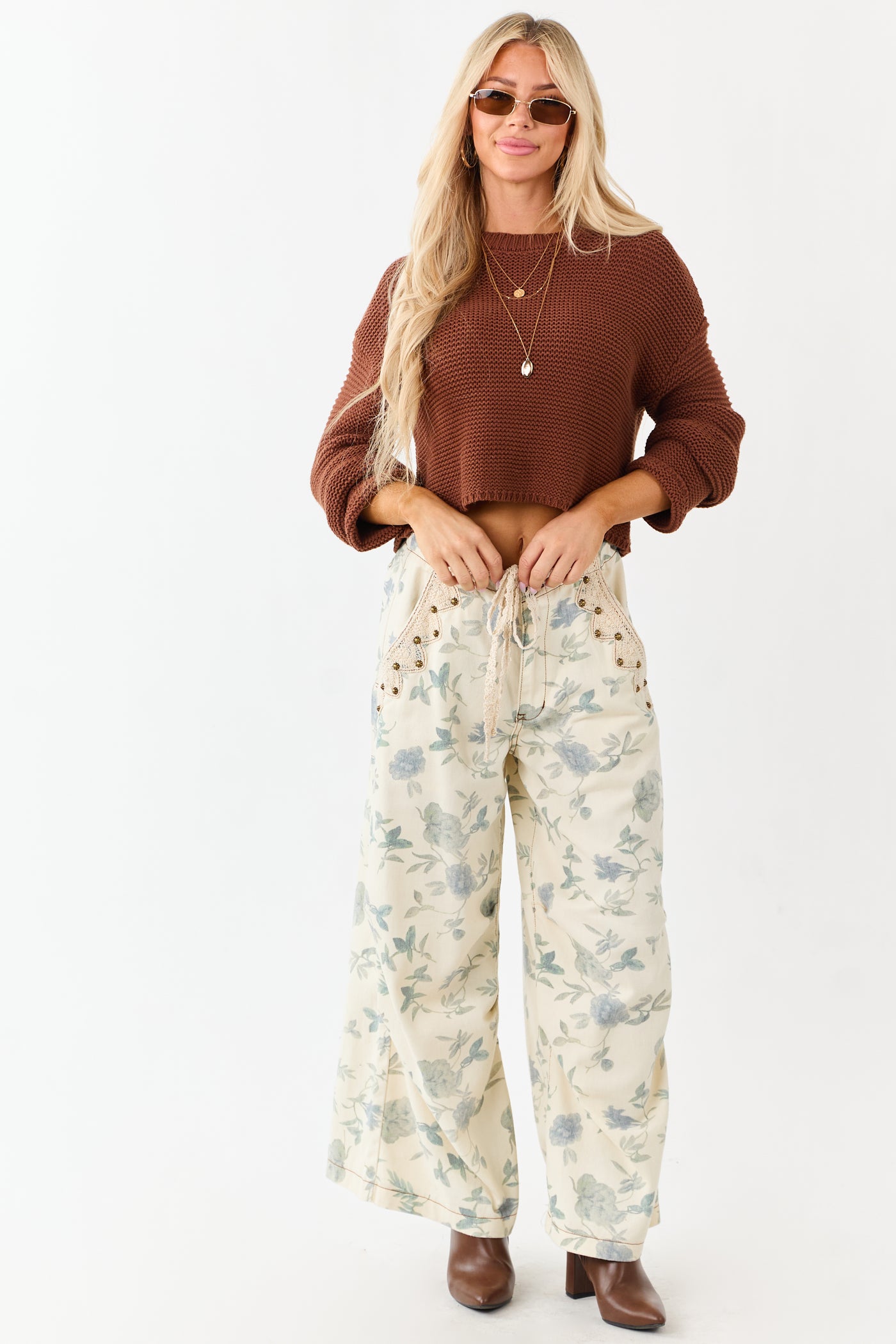 POL Cream Floral Print Wide Drawstring Denim Pants