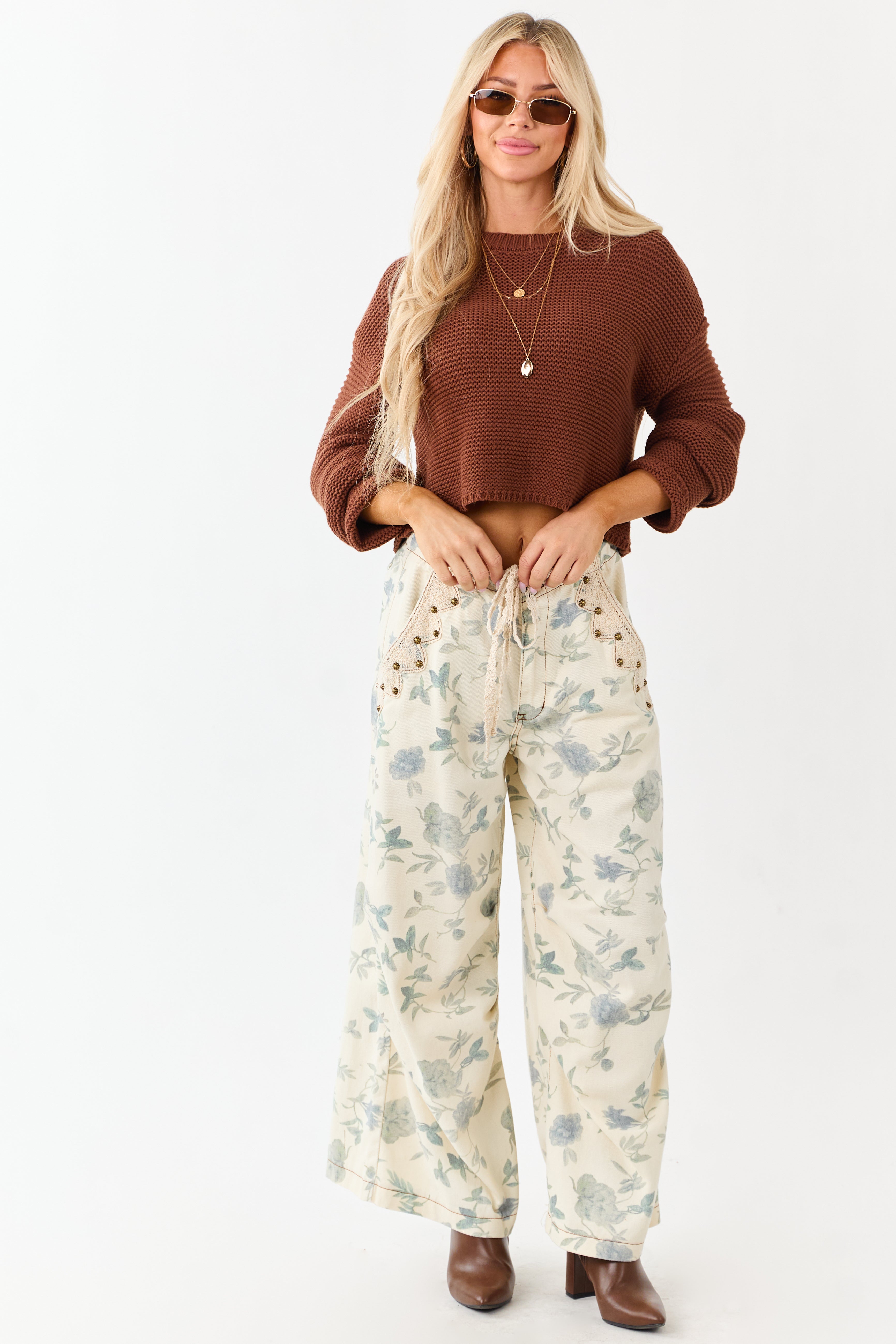 POL Cream Floral Print Wide Drawstring Denim Pants
