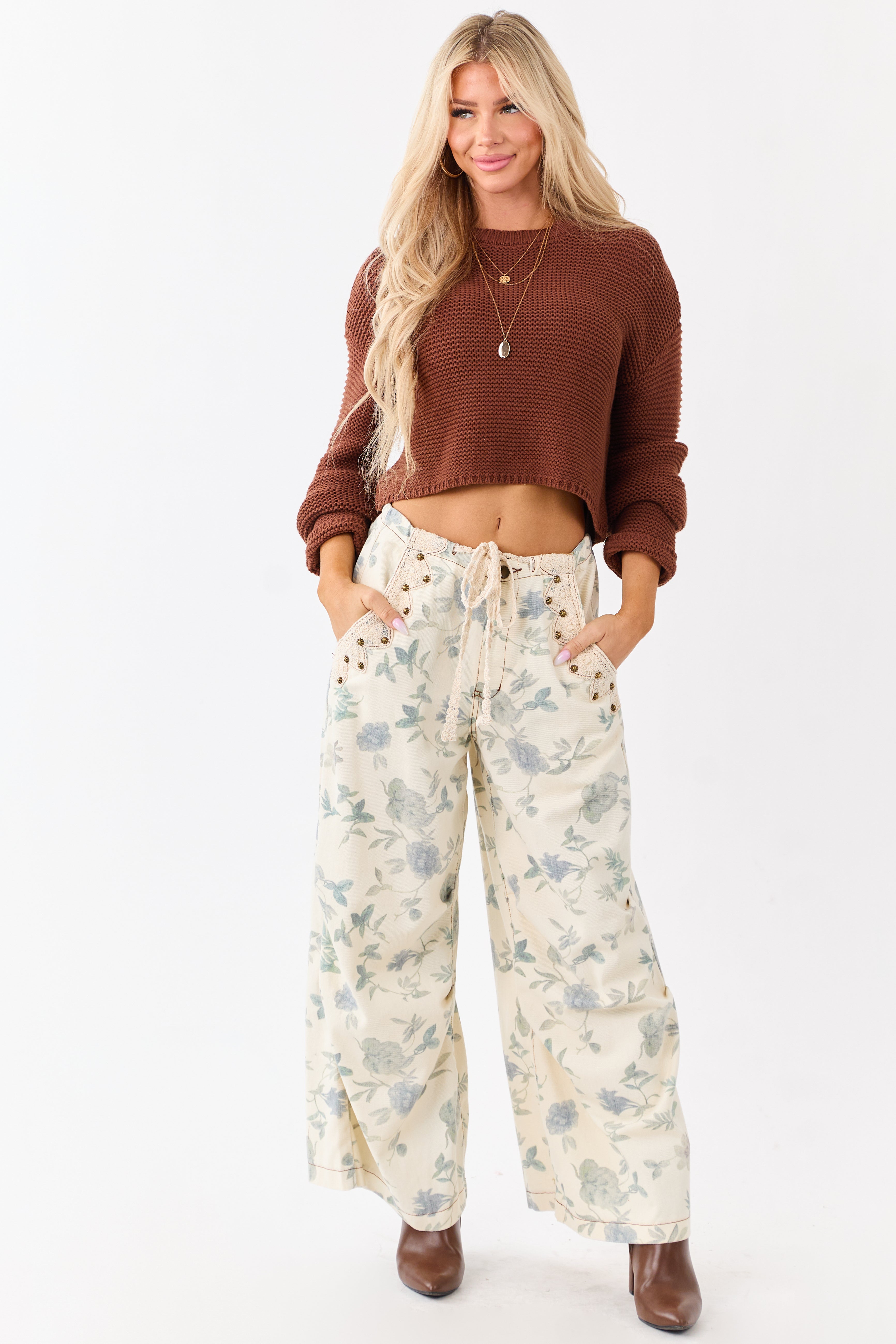 POL Cream Floral Print Wide Drawstring Denim Pants | Lime Lush