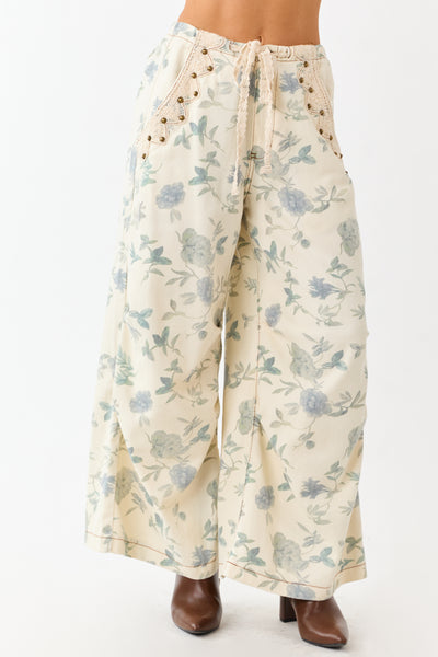 POL Cream Floral Print Wide Drawstring Denim Pants