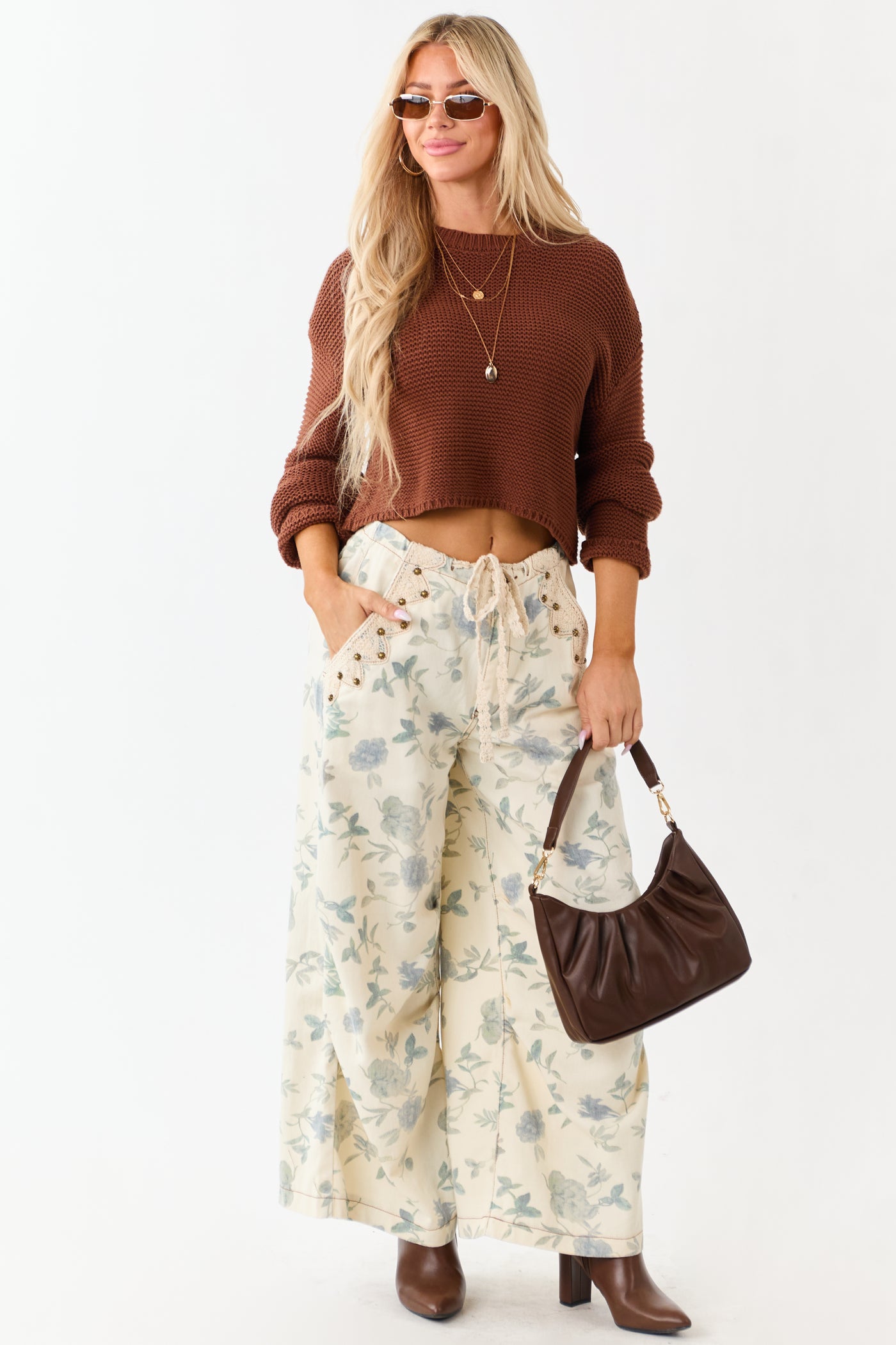 POL Cream Floral Print Wide Drawstring Denim Pants