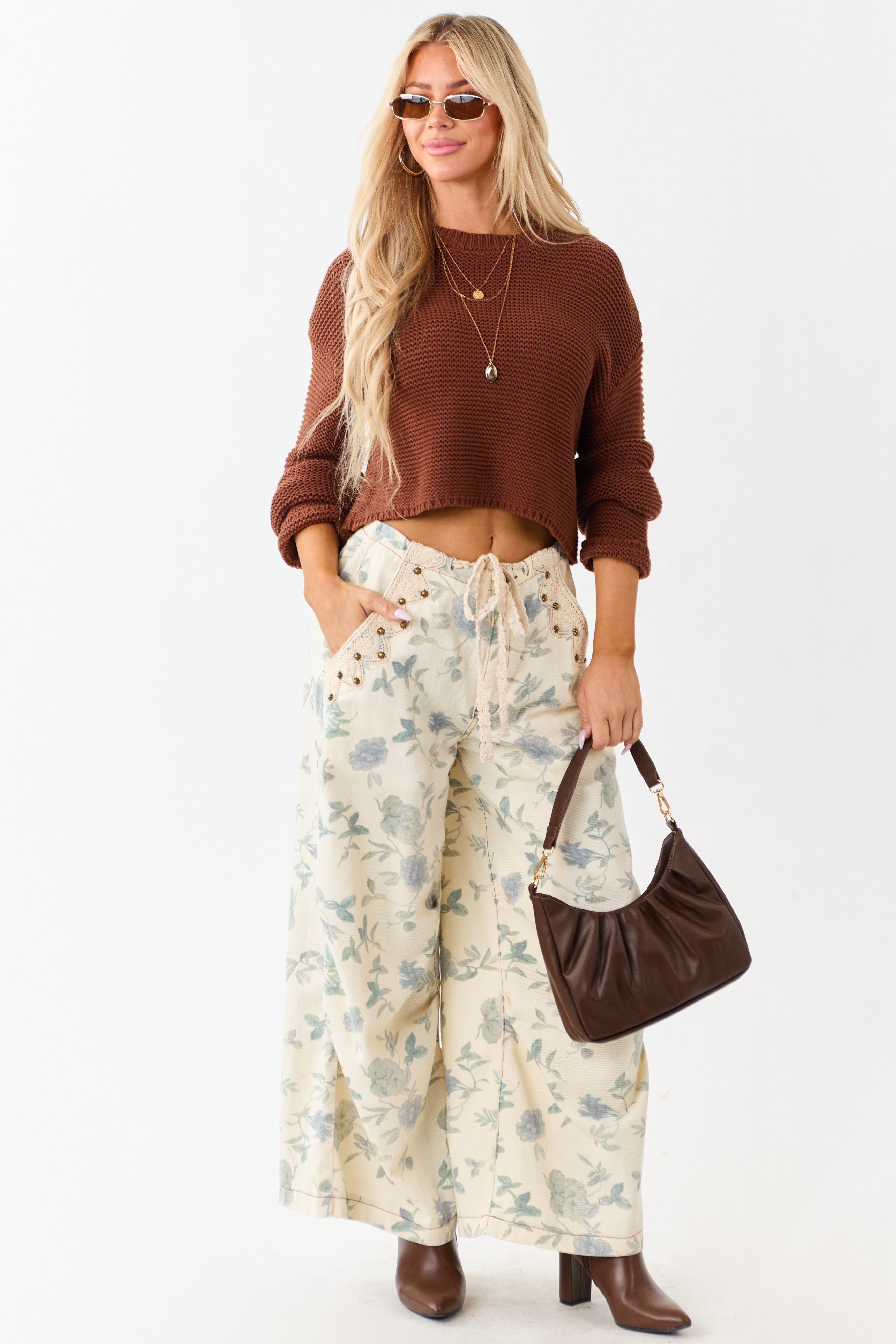 POL Cream Floral Print Wide Drawstring Denim Pants