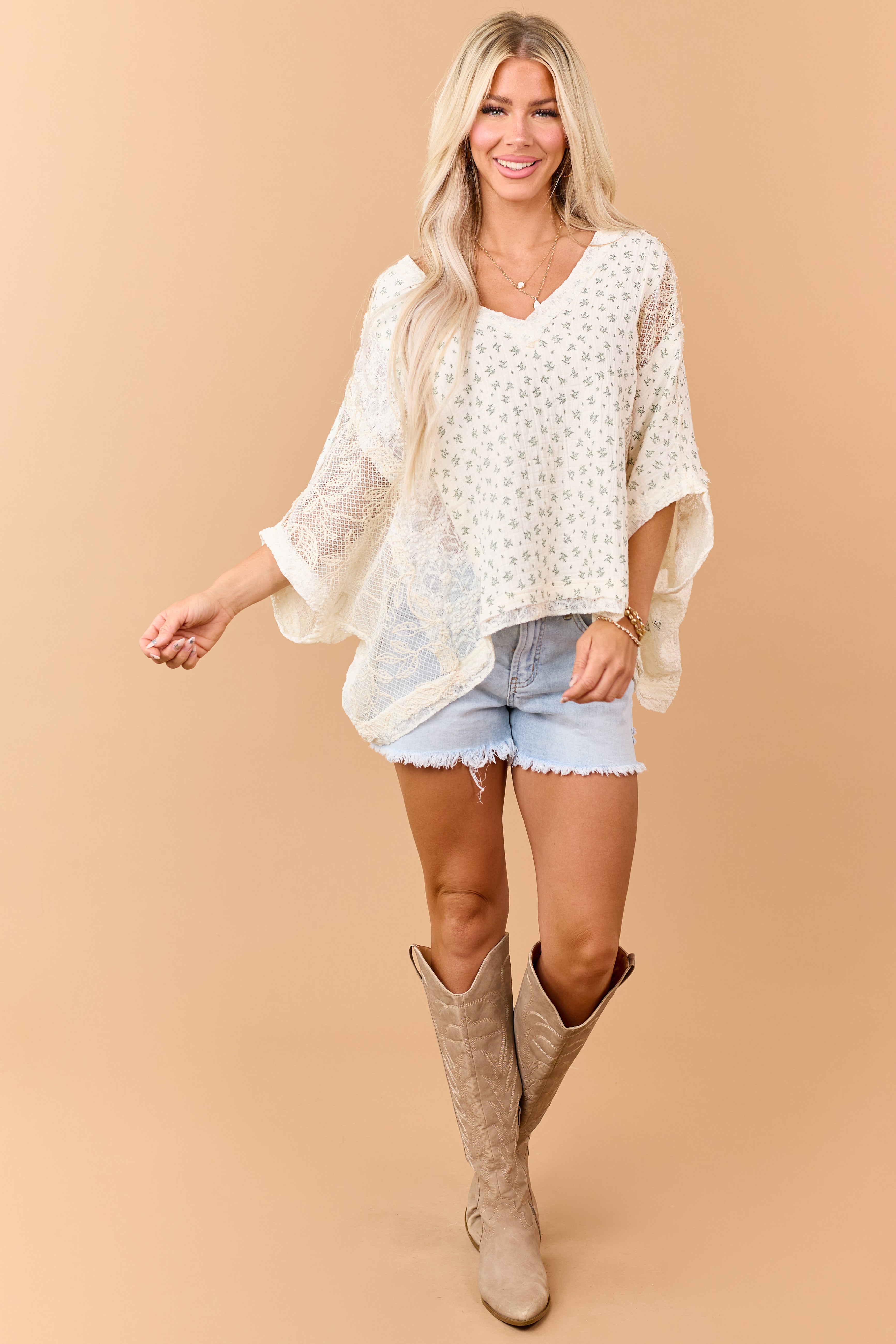 POL Cream Floral Print and Lace Relaxed Top