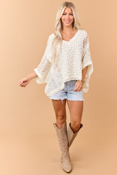 POL Cream Floral Print and Lace Relaxed Top