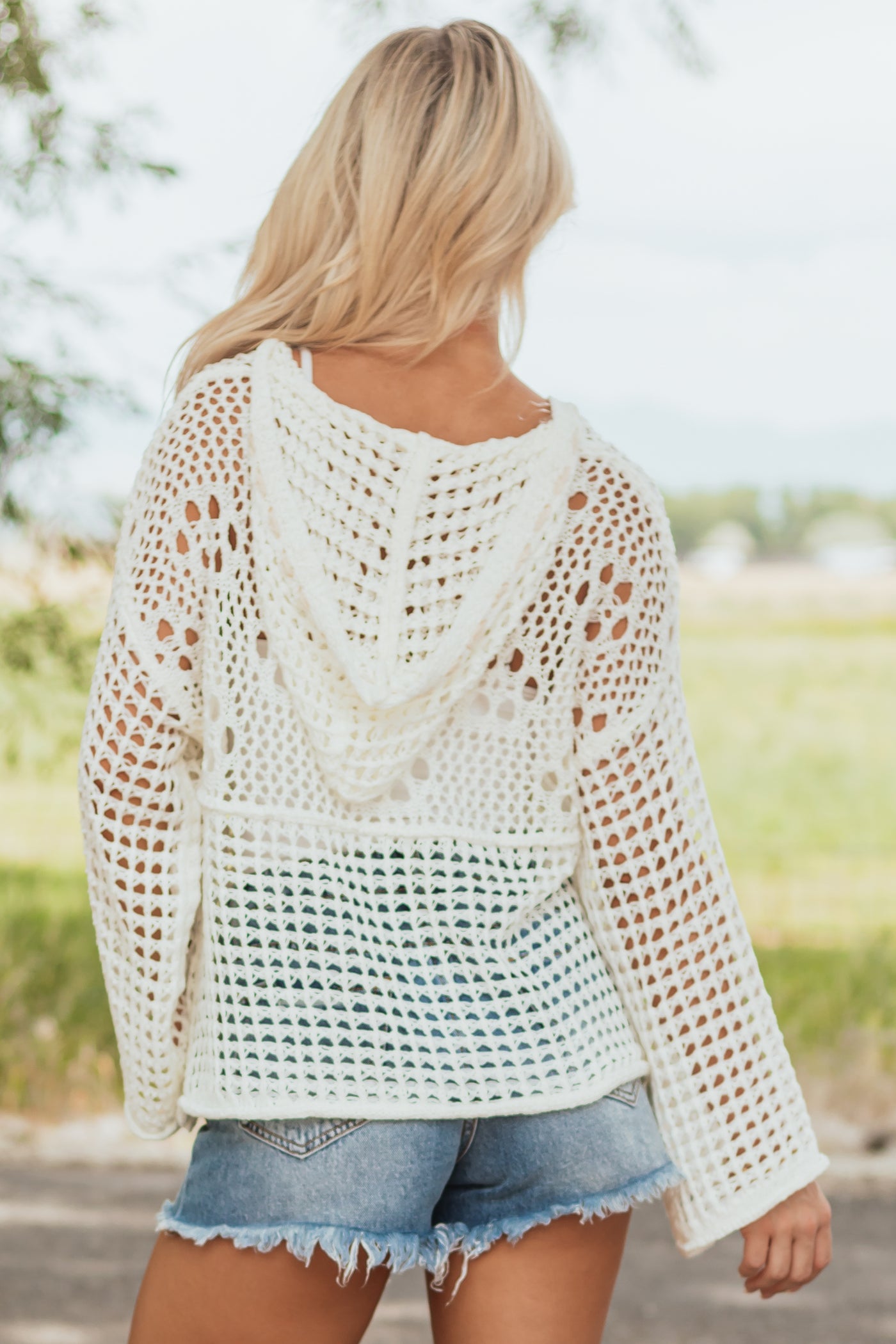 POL Cream Hooded Open Knit Long Sleeve Top