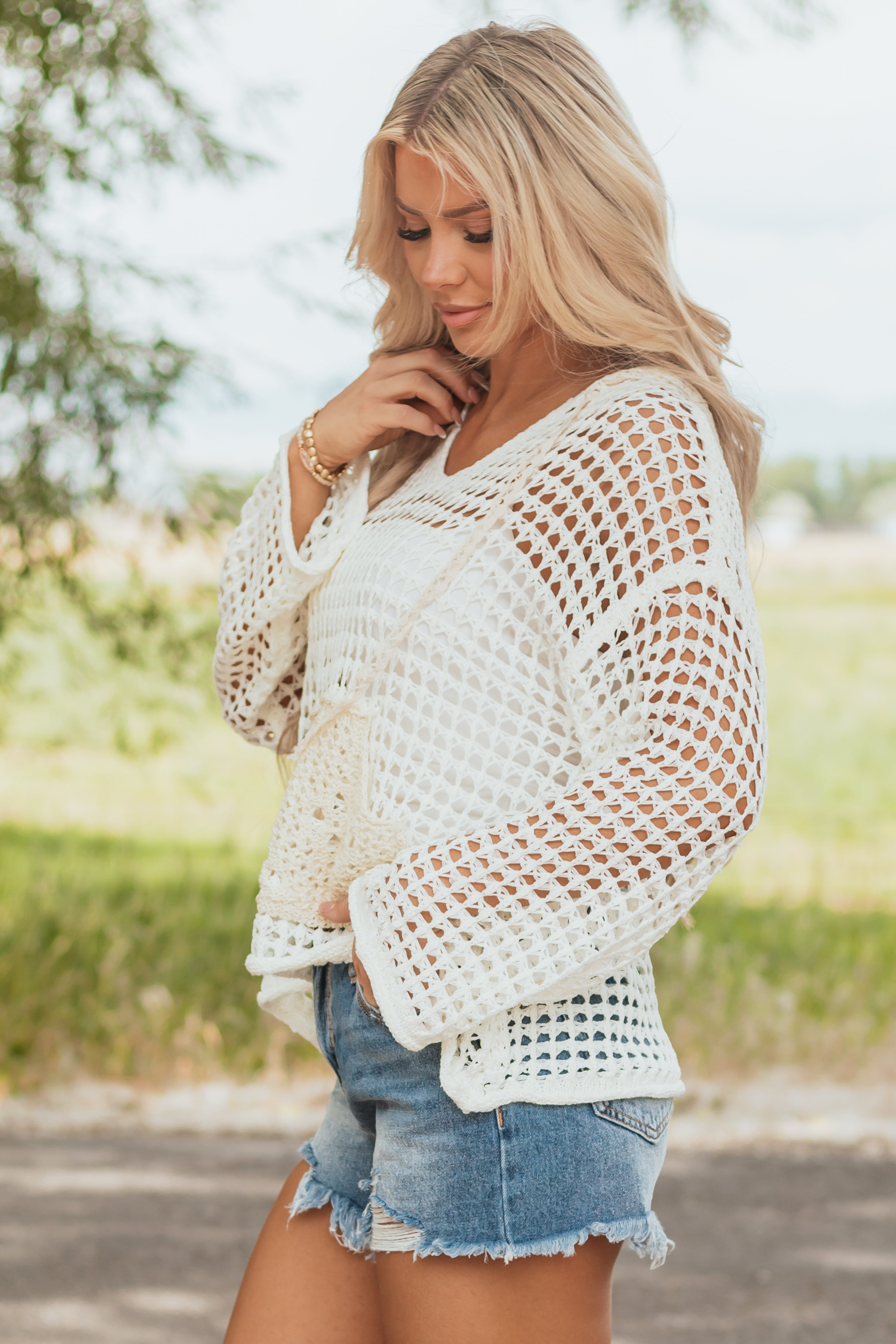 POL Cream Hooded Open Knit Long Sleeve Top