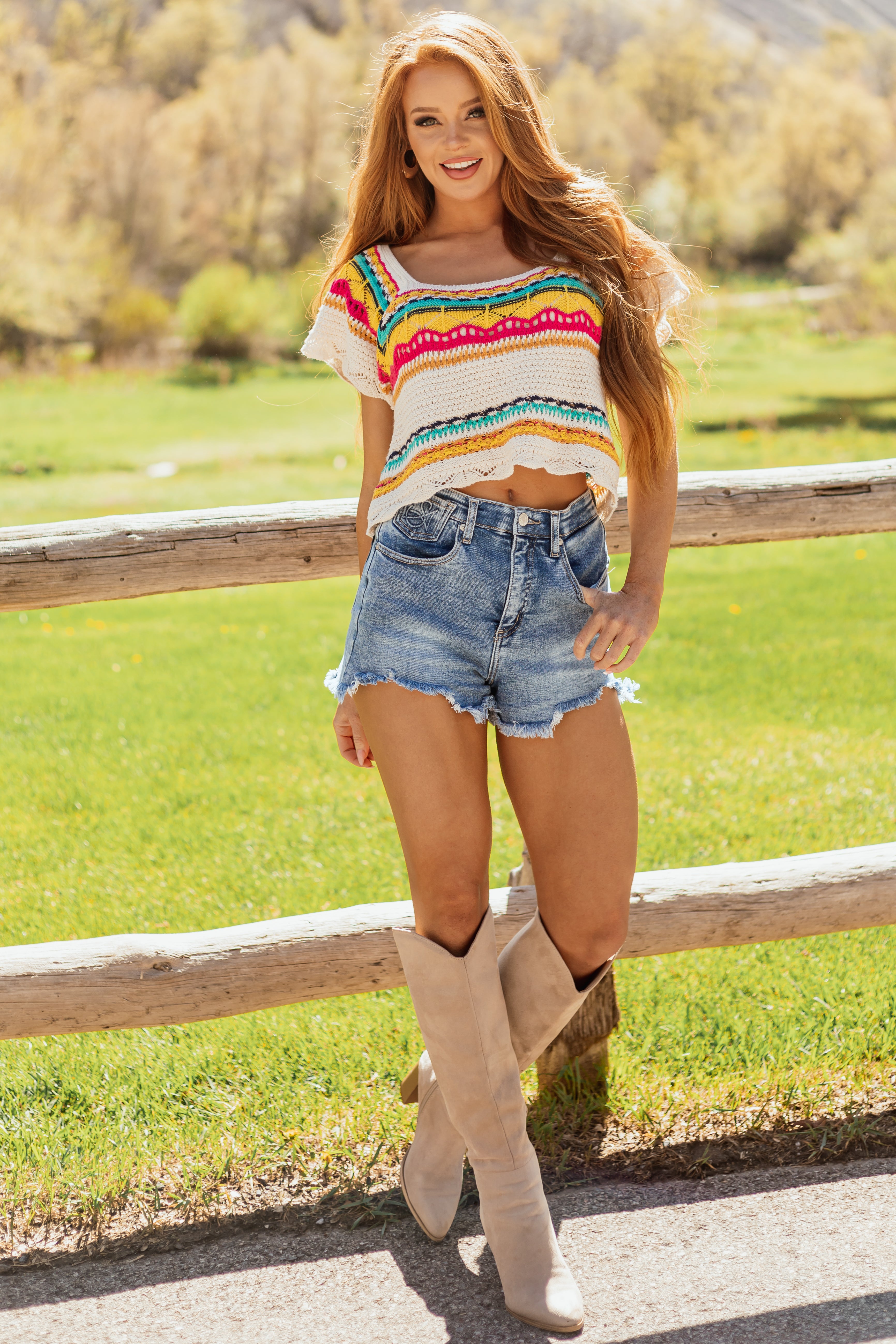 POL Cream Multi Striped Short Sleeve Crochet Top