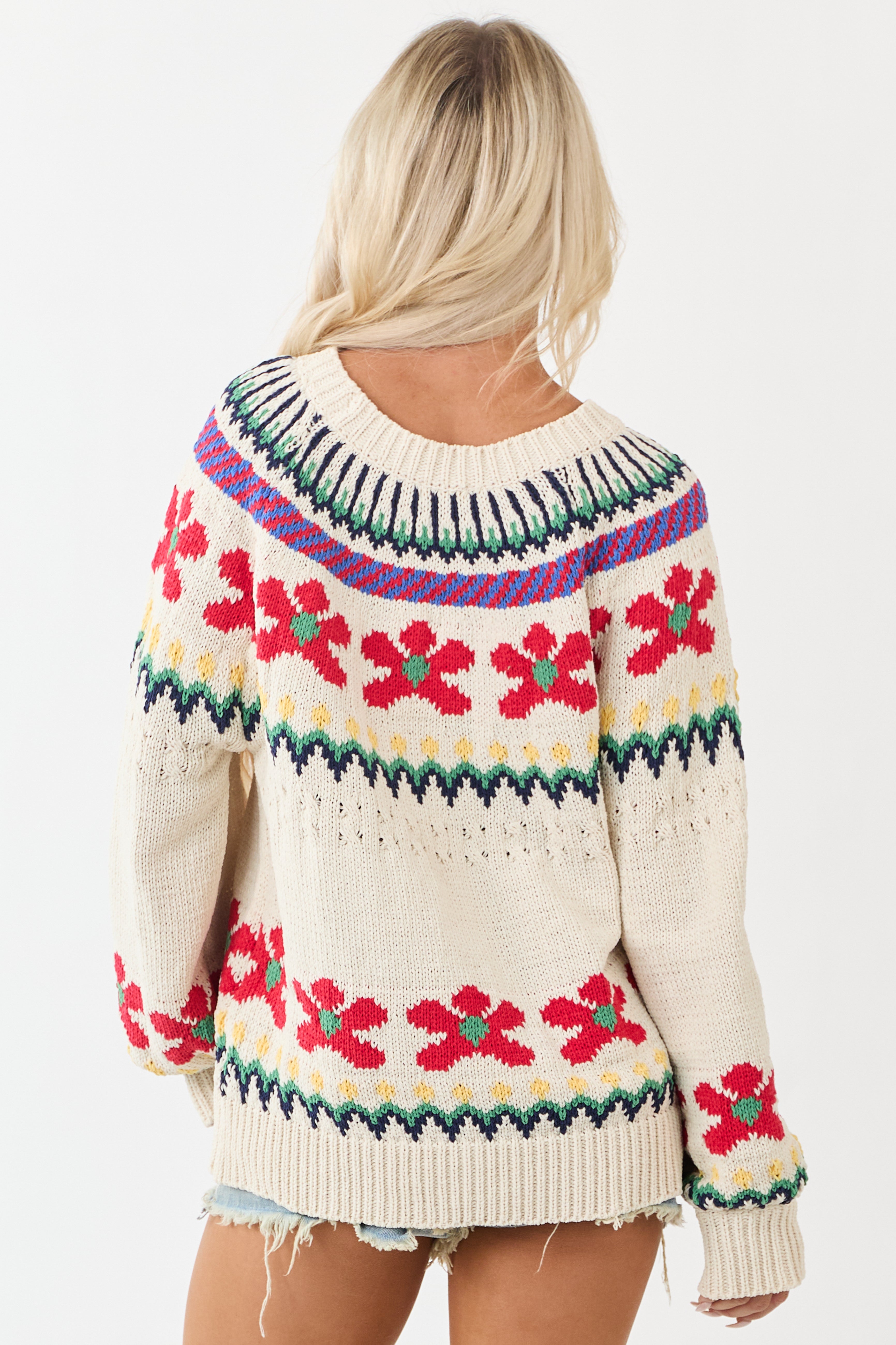 POL Cream Nordic Inspired Pattern Thick Knit Sweater