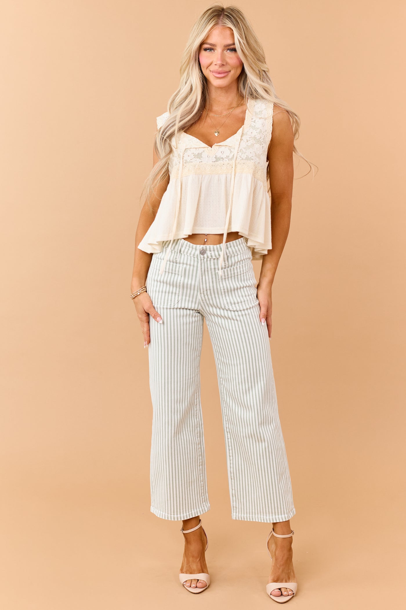 POL Cream Open Floral Lace Babydoll Tank Top