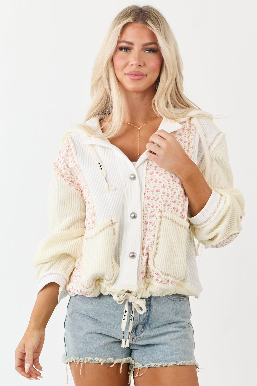 POL Cream Patchwork Button Down Hooded Jacket