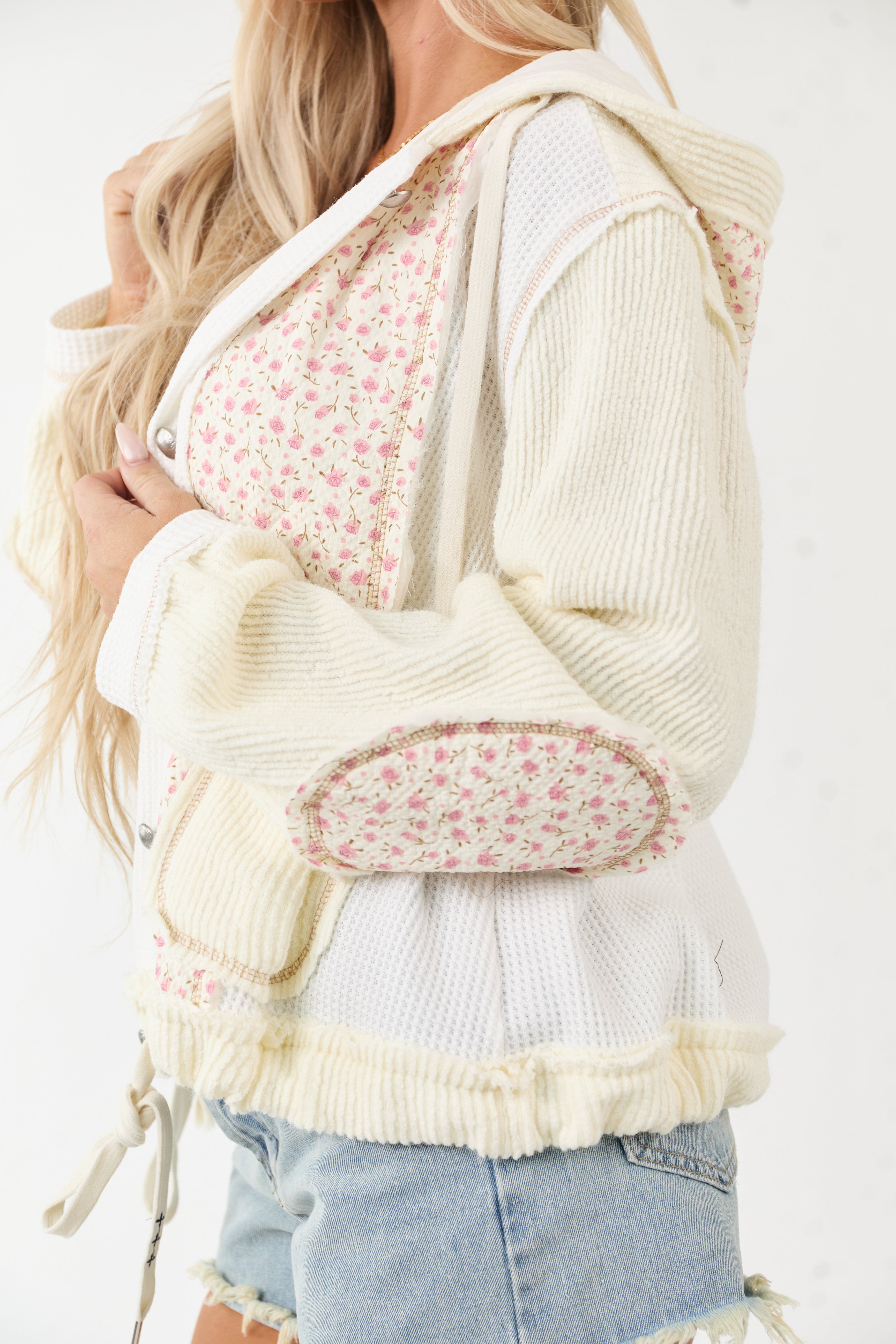 POL Cream Patchwork Button Down Hooded Jacket
