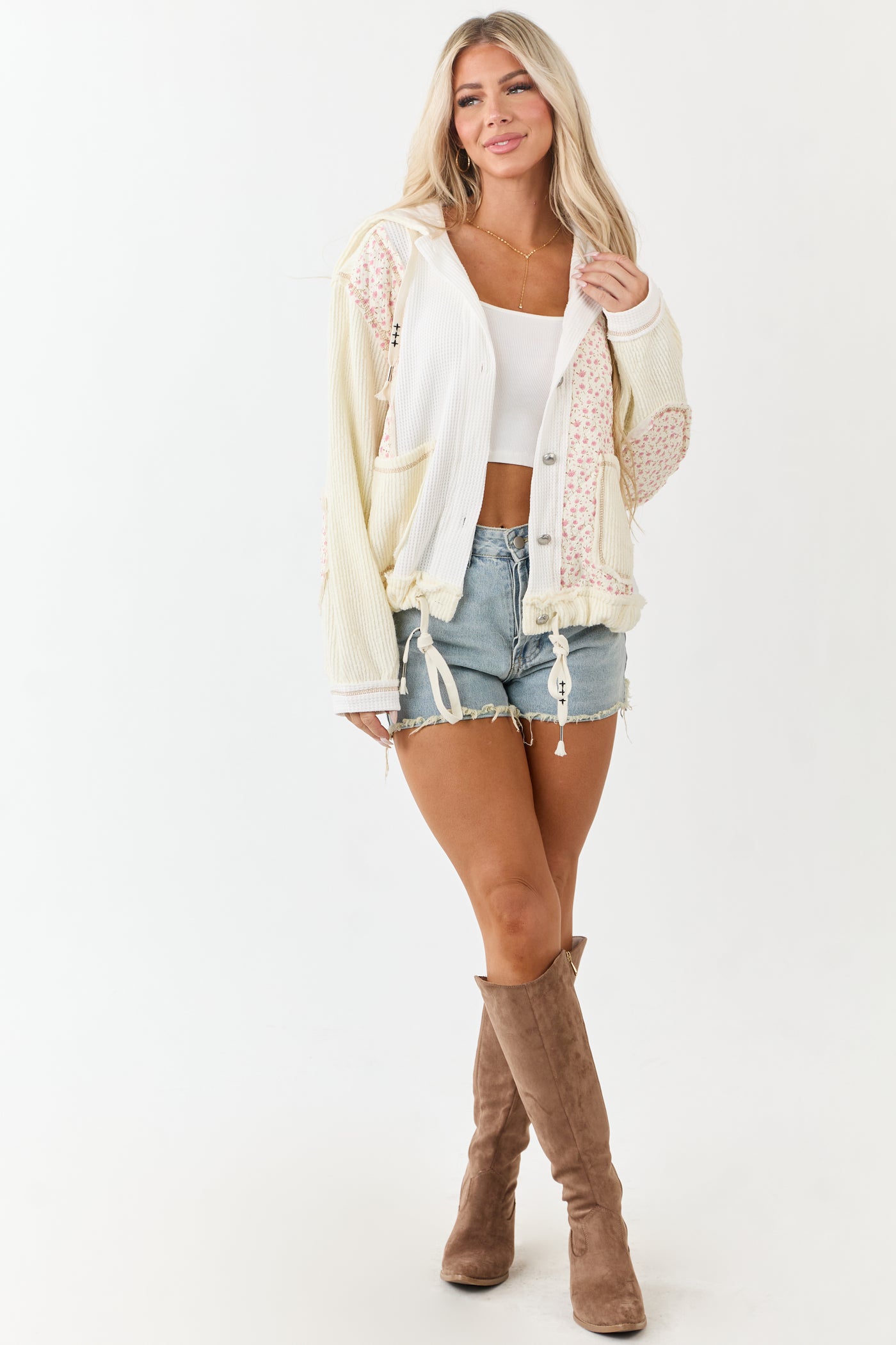 POL Cream Patchwork Button Down Hooded Jacket