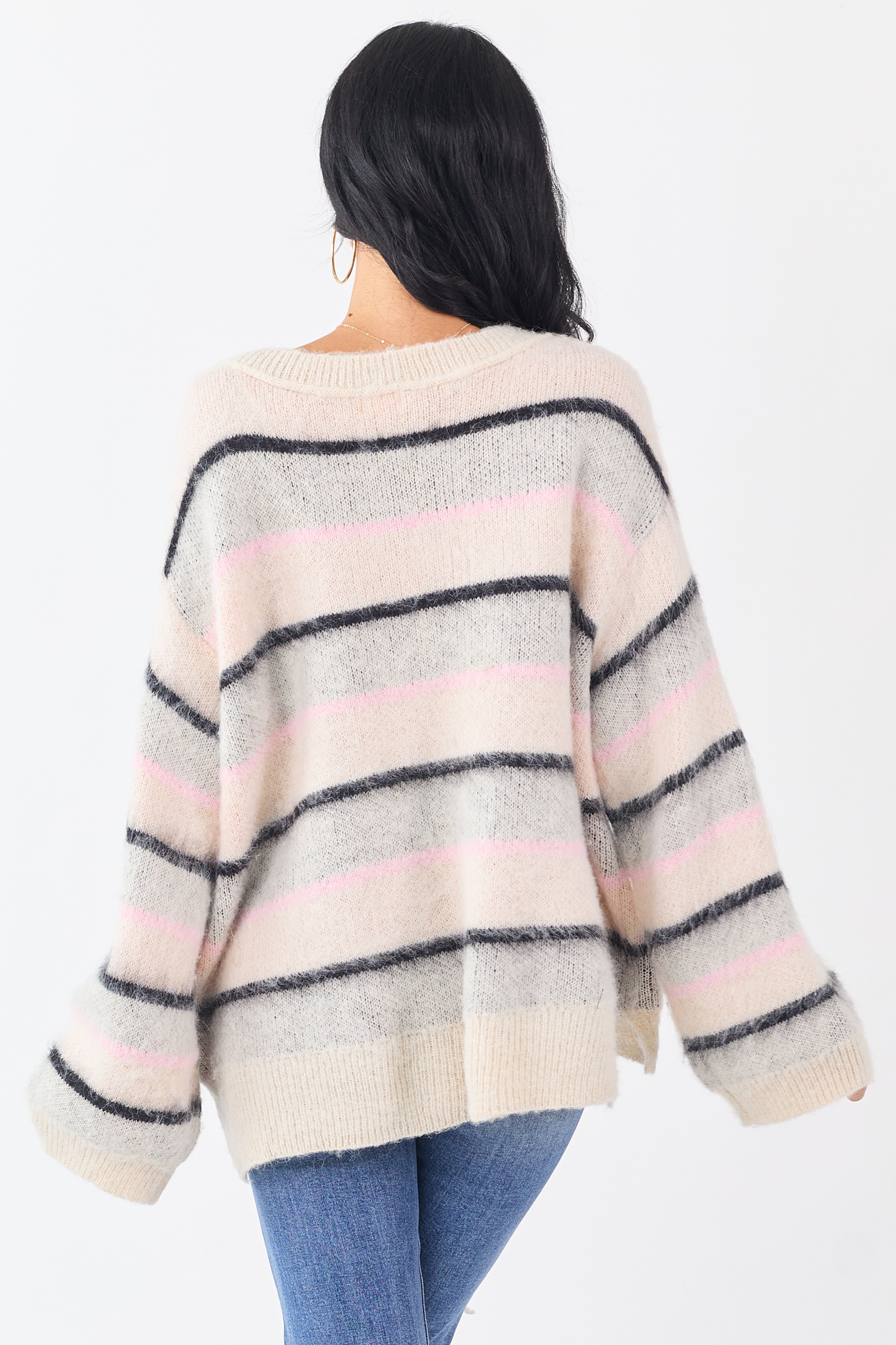 POL Cream Striped Long Sleeve V Neck Sweater