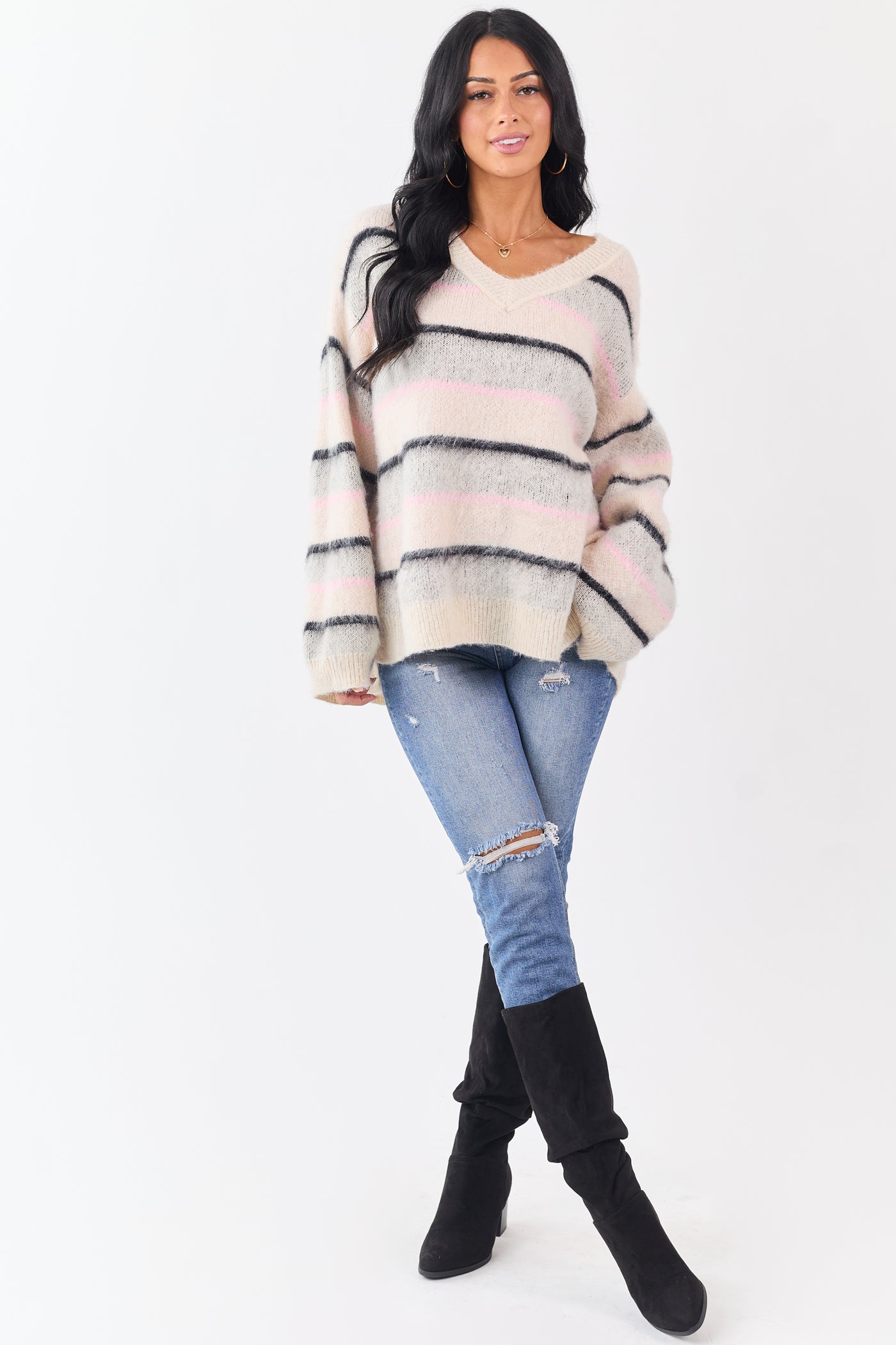POL Cream Striped Long Sleeve V Neck Sweater