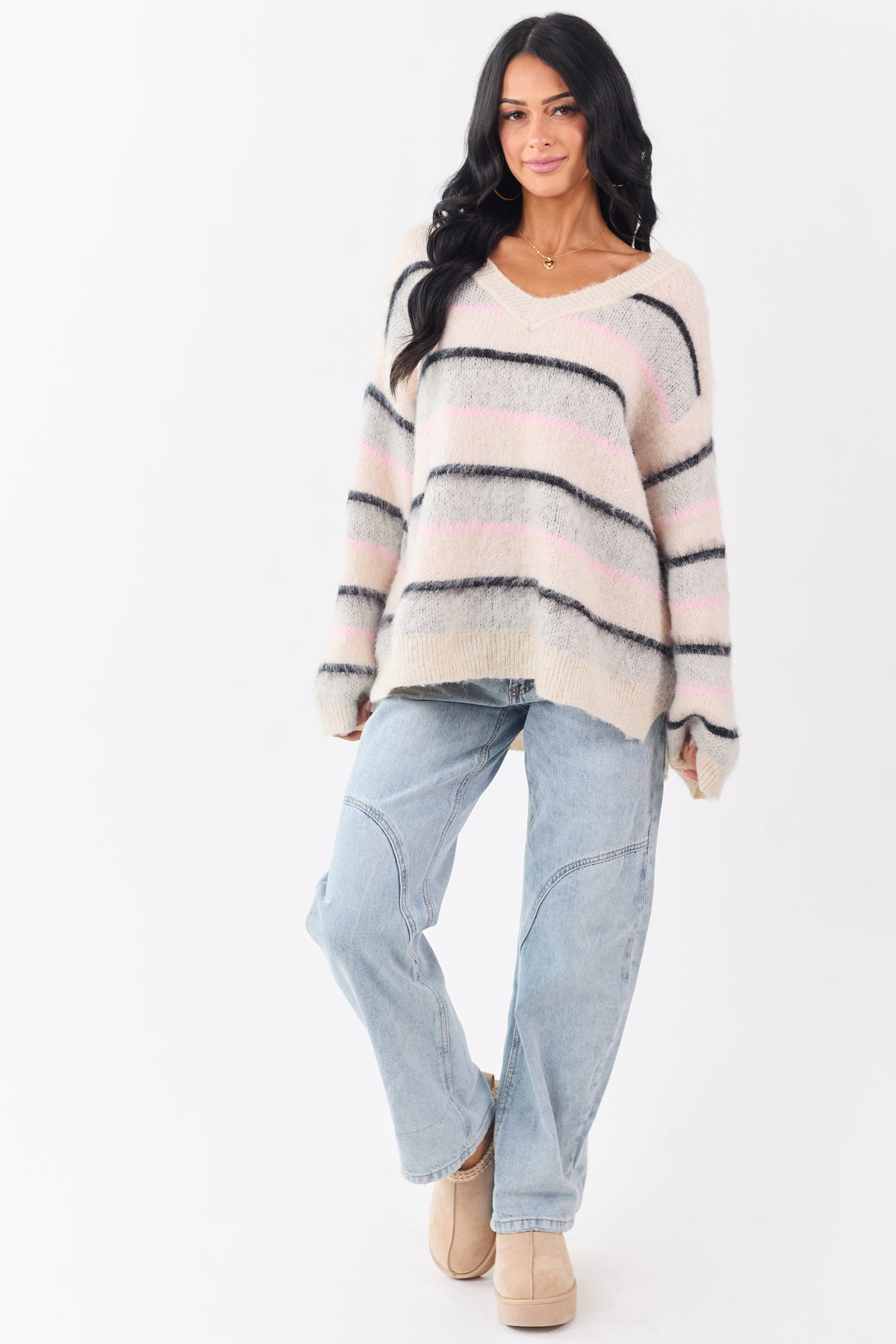 POL Cream Striped Long Sleeve V Neck Sweater