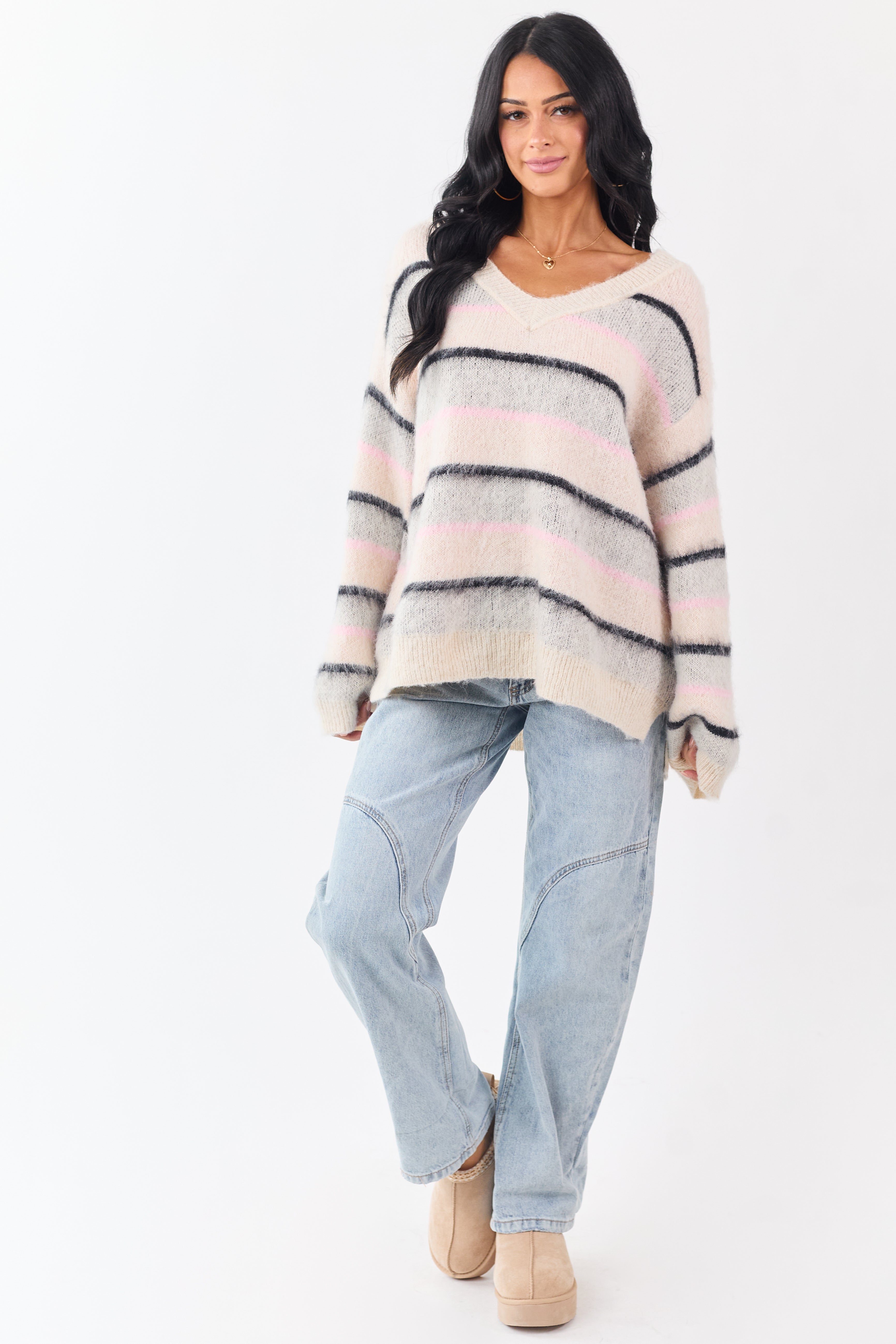 POL Cream Striped Long Sleeve V Neck Sweater