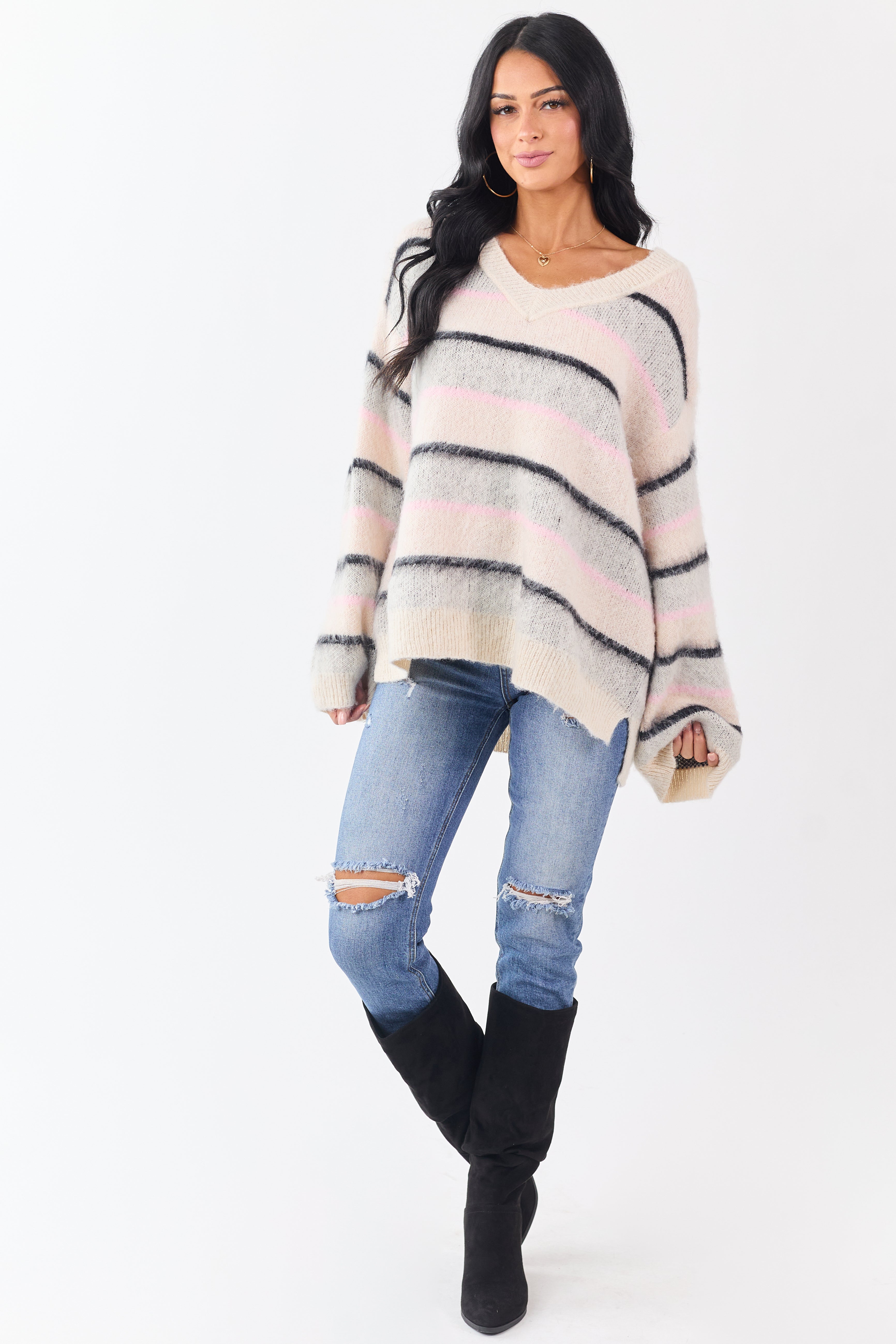 POL Cream Striped Long Sleeve V Neck Sweater