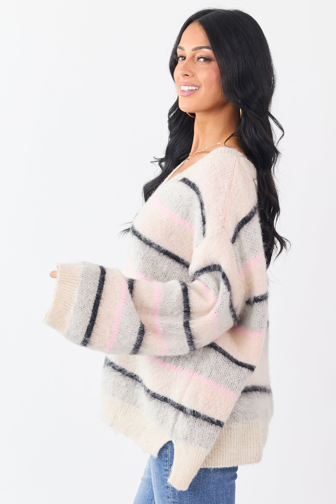 POL Cream Striped Long Sleeve V Neck Sweater